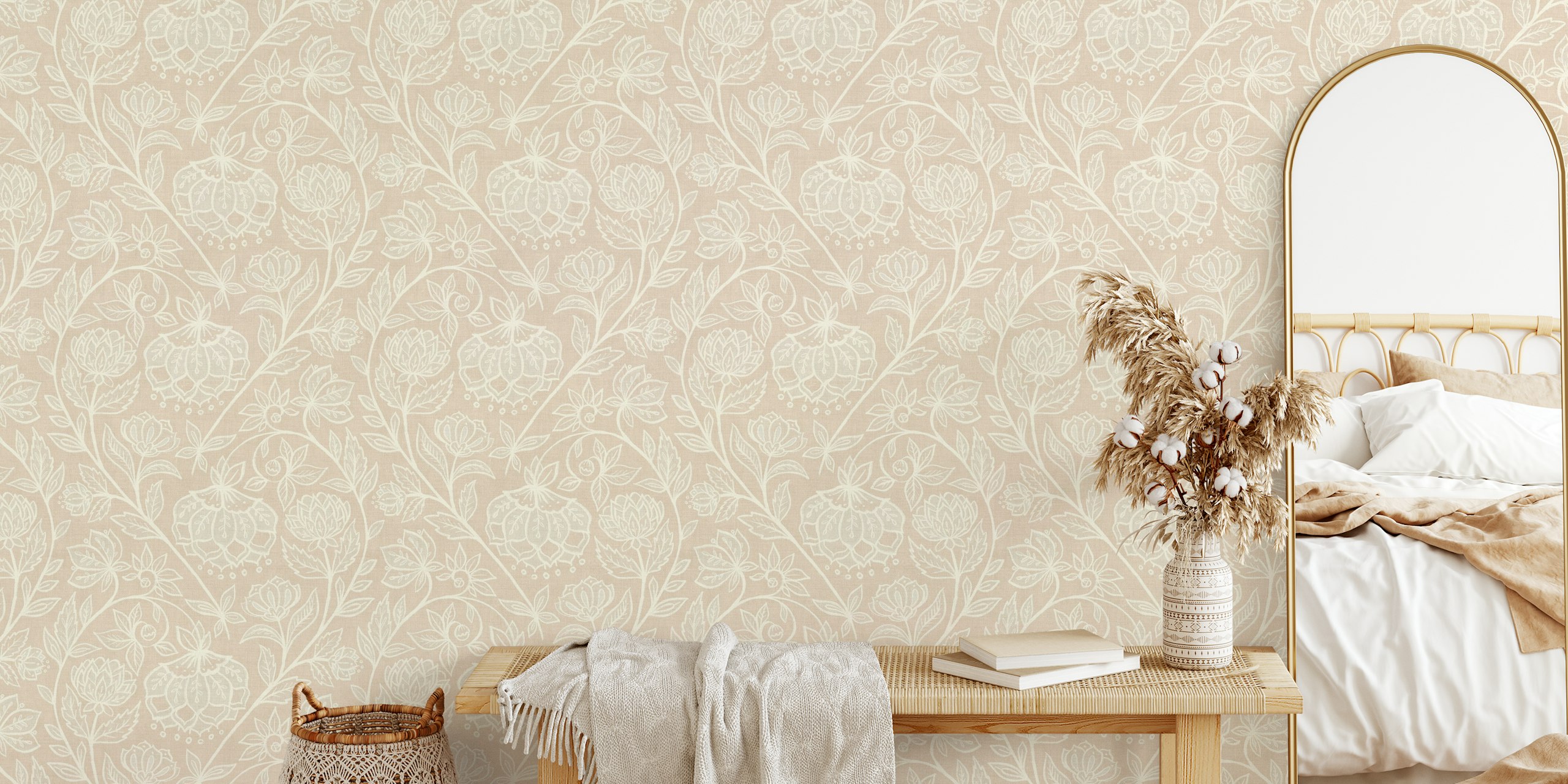 Floral pattern in neutral tan and cream tones wallpaper