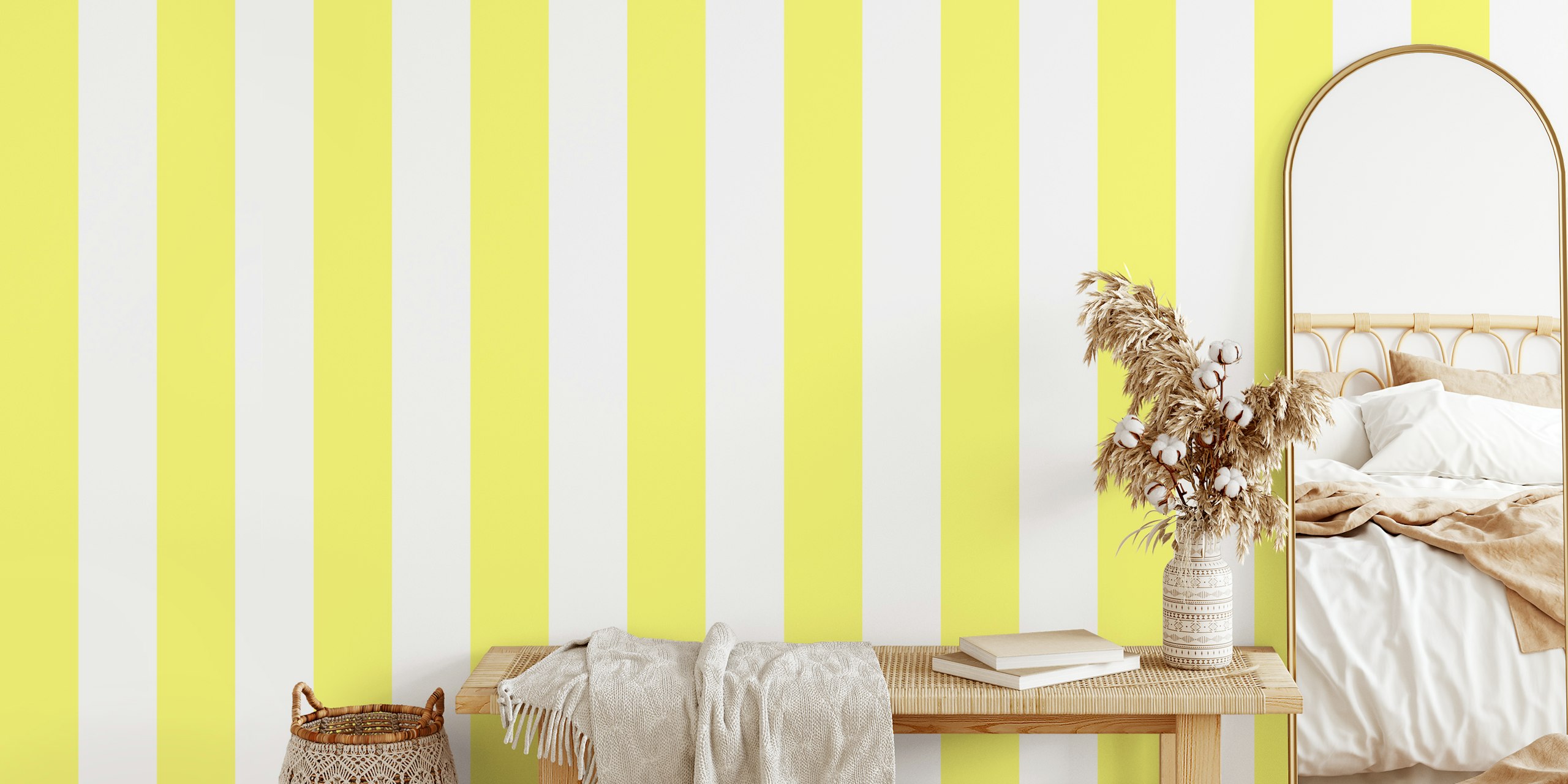 Yellow and white striped wallpaper in pastel colors