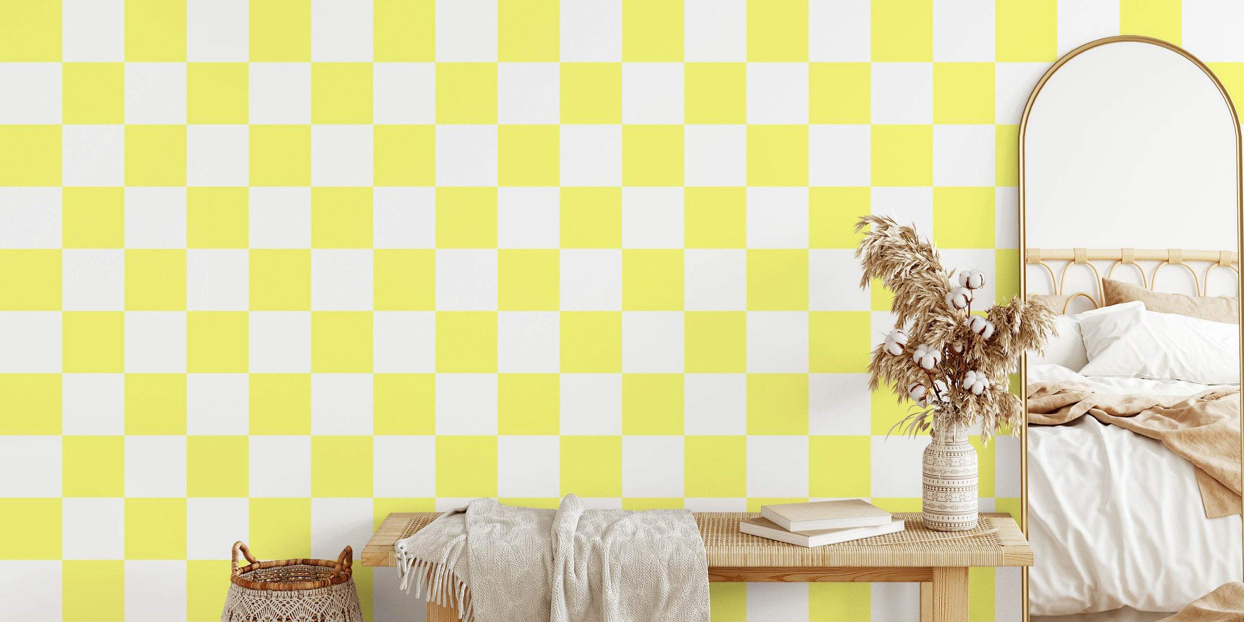 Pastel yellow and white checkerboard pattern wallpaper