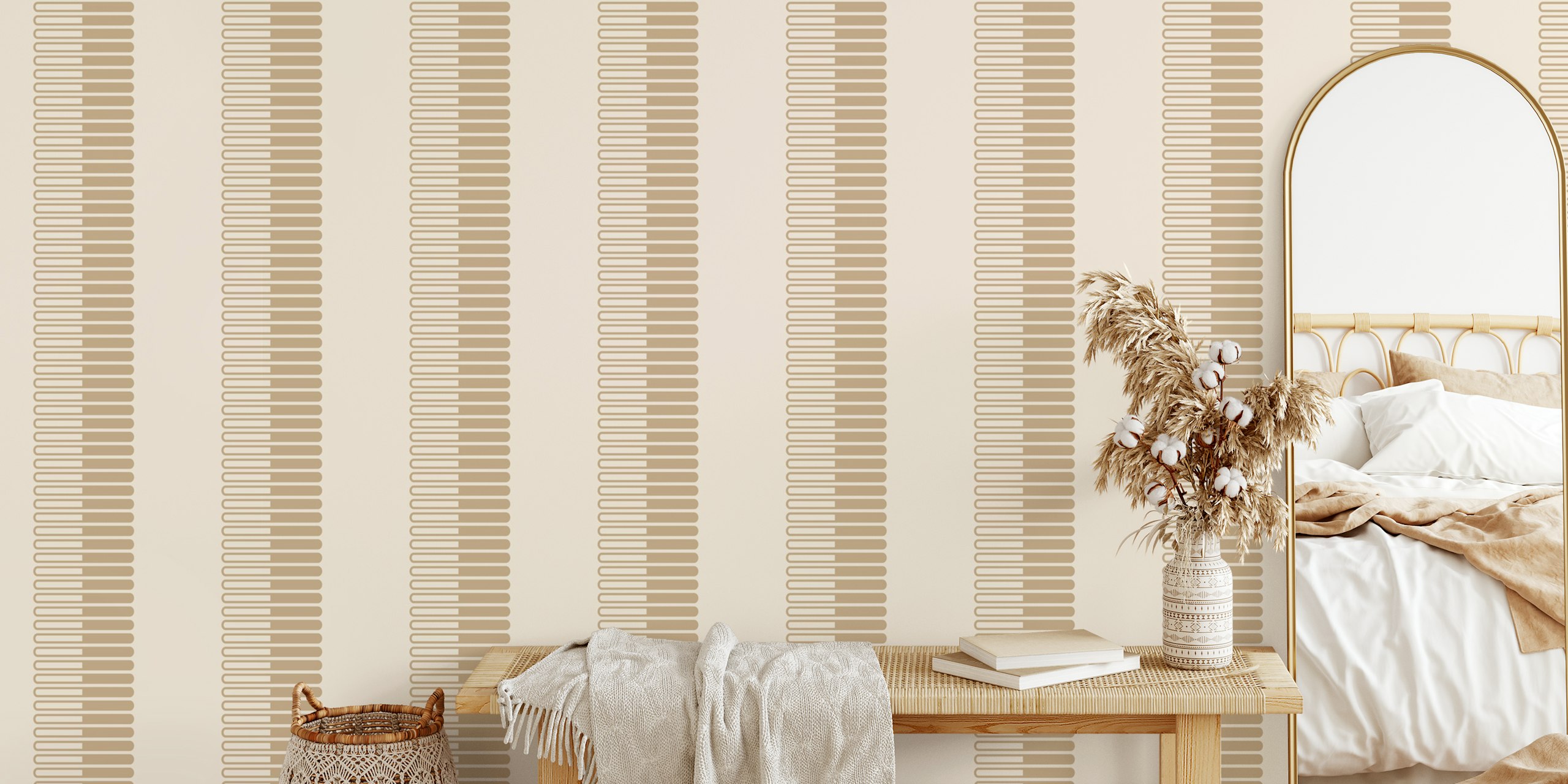 Beige and brown striped wallpaper in a modern style