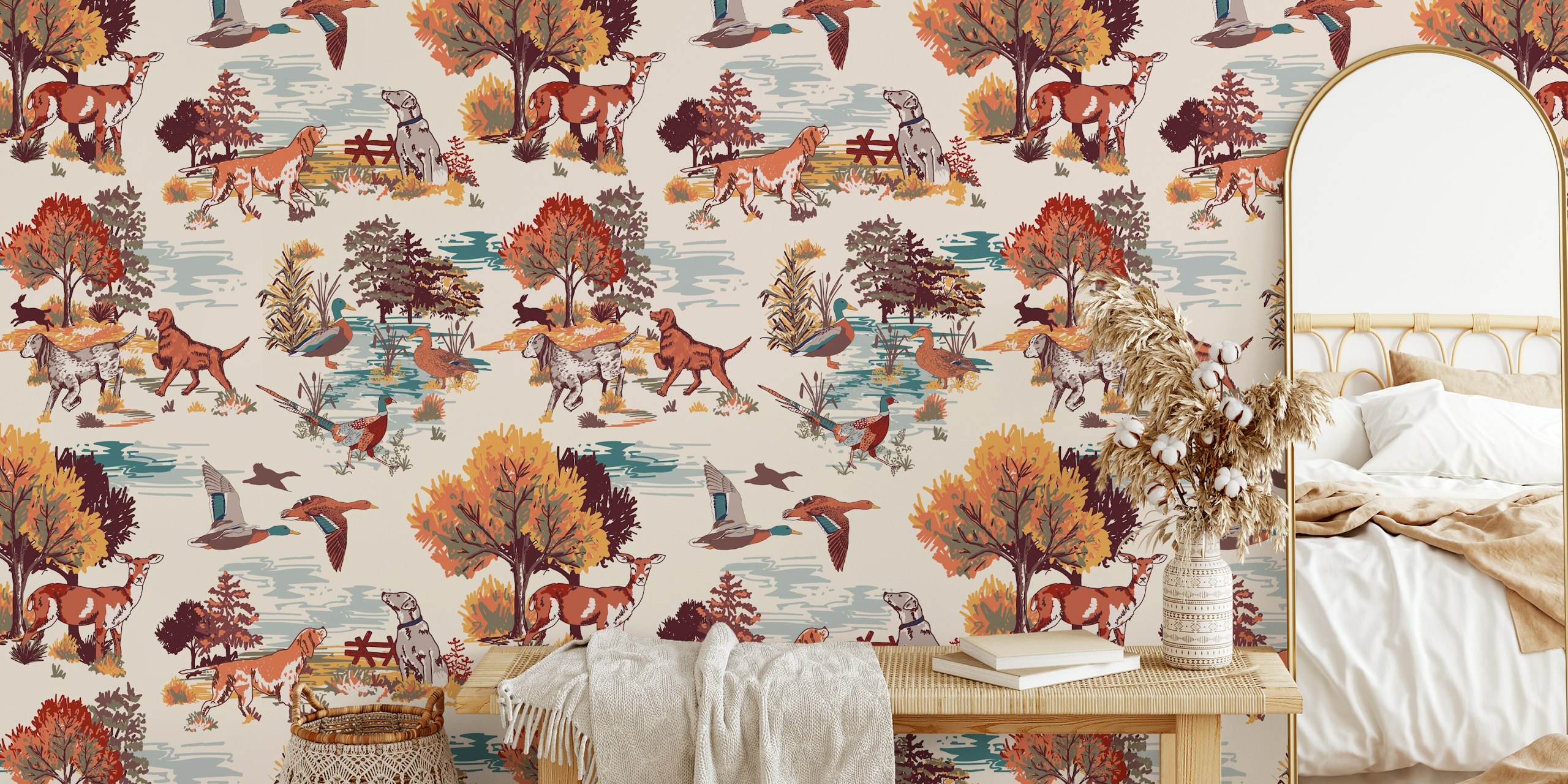 Dogs, deer and ducks in a forest setting with autumn colors wallpaper