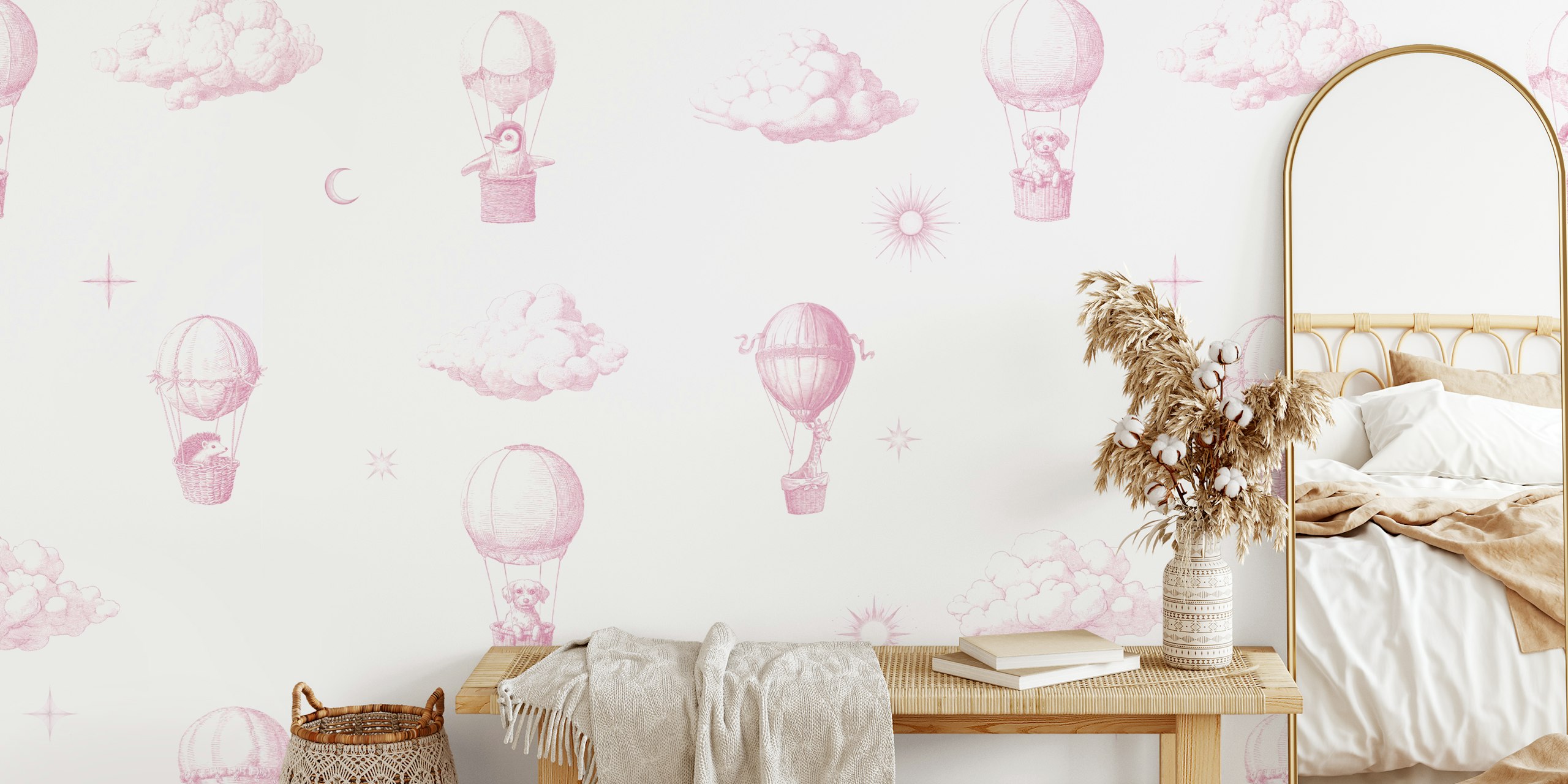 Vintage hot air balloons among clouds on a pink background wallpaper