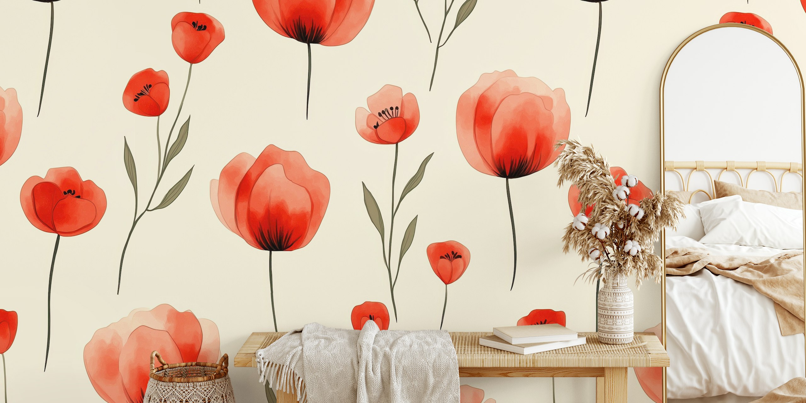 Watercolor Red Poppy Blossoms tapetdesign