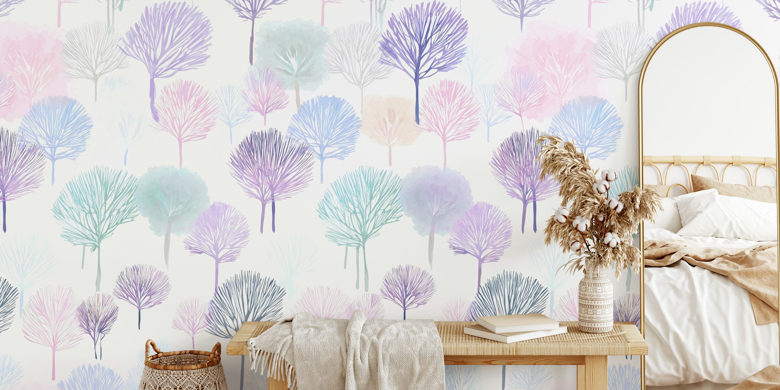 Carta da parati foresta acquerello pastello in una stanza