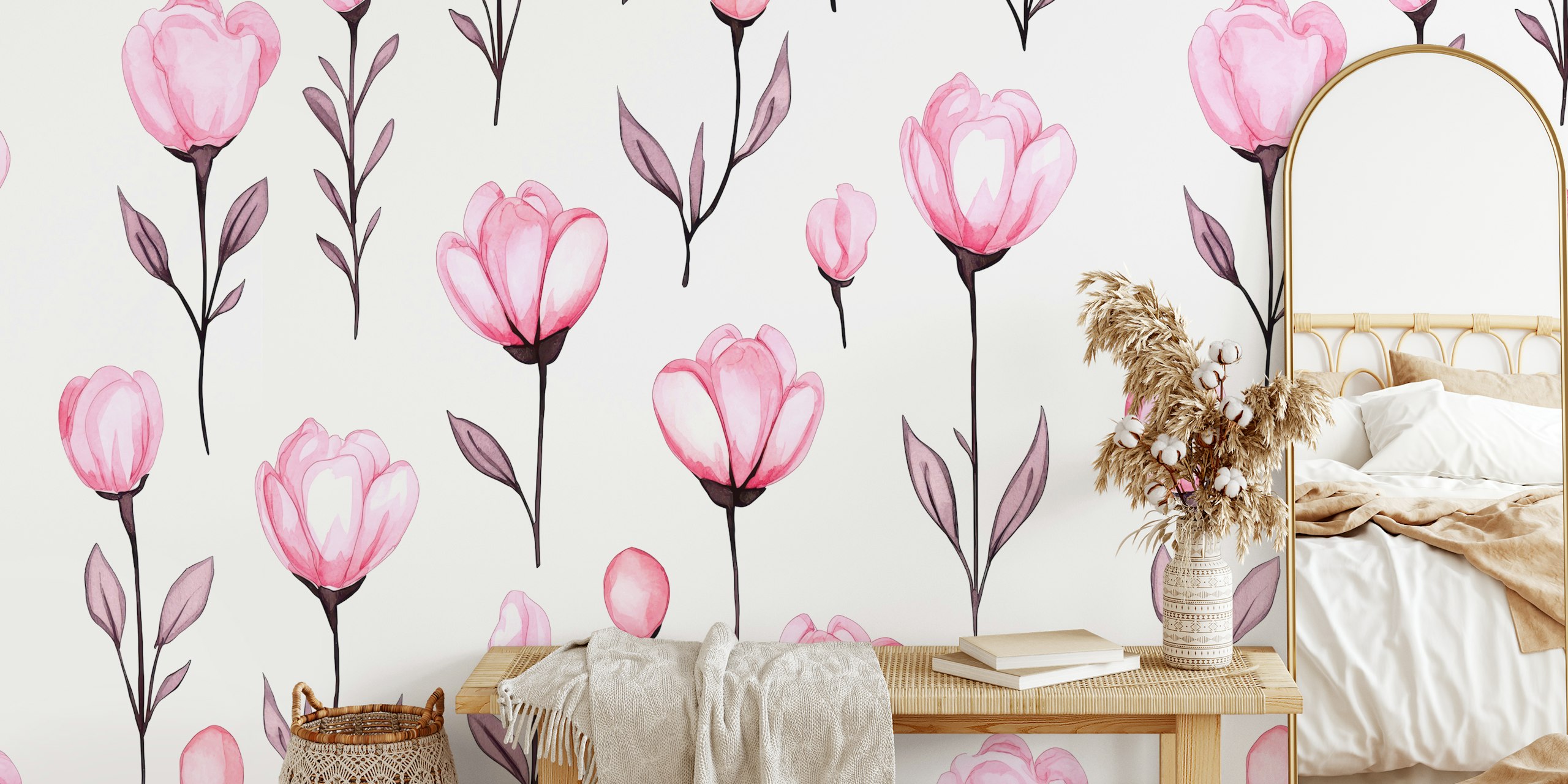 Pink floral pattern with blossoms and leaves on white background wallpaper