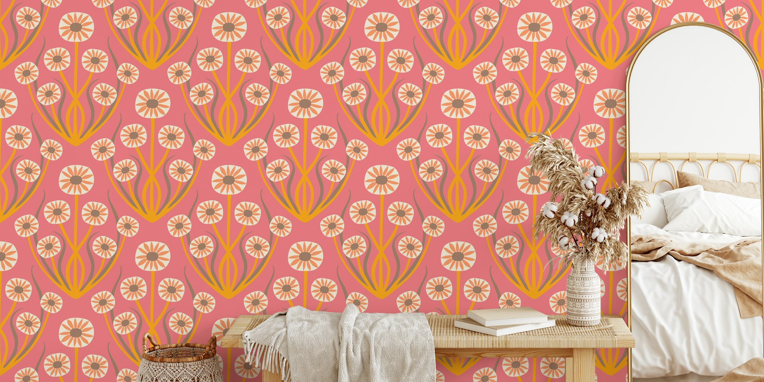 Retro floral pattern with cream and peach daisies on pink wallpaper