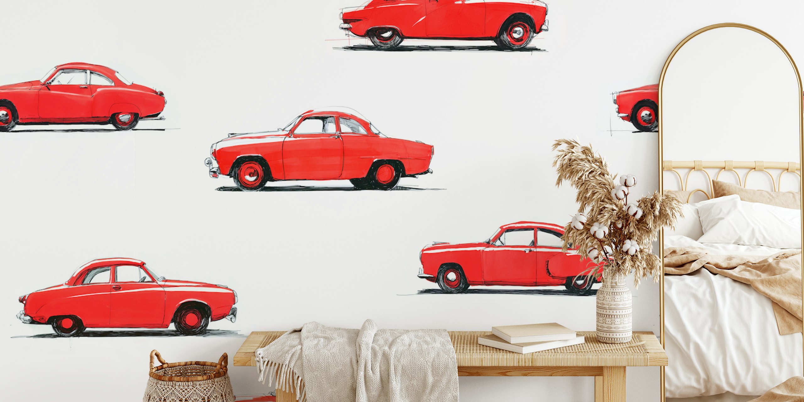 Vintage red cars wallpaper in a room