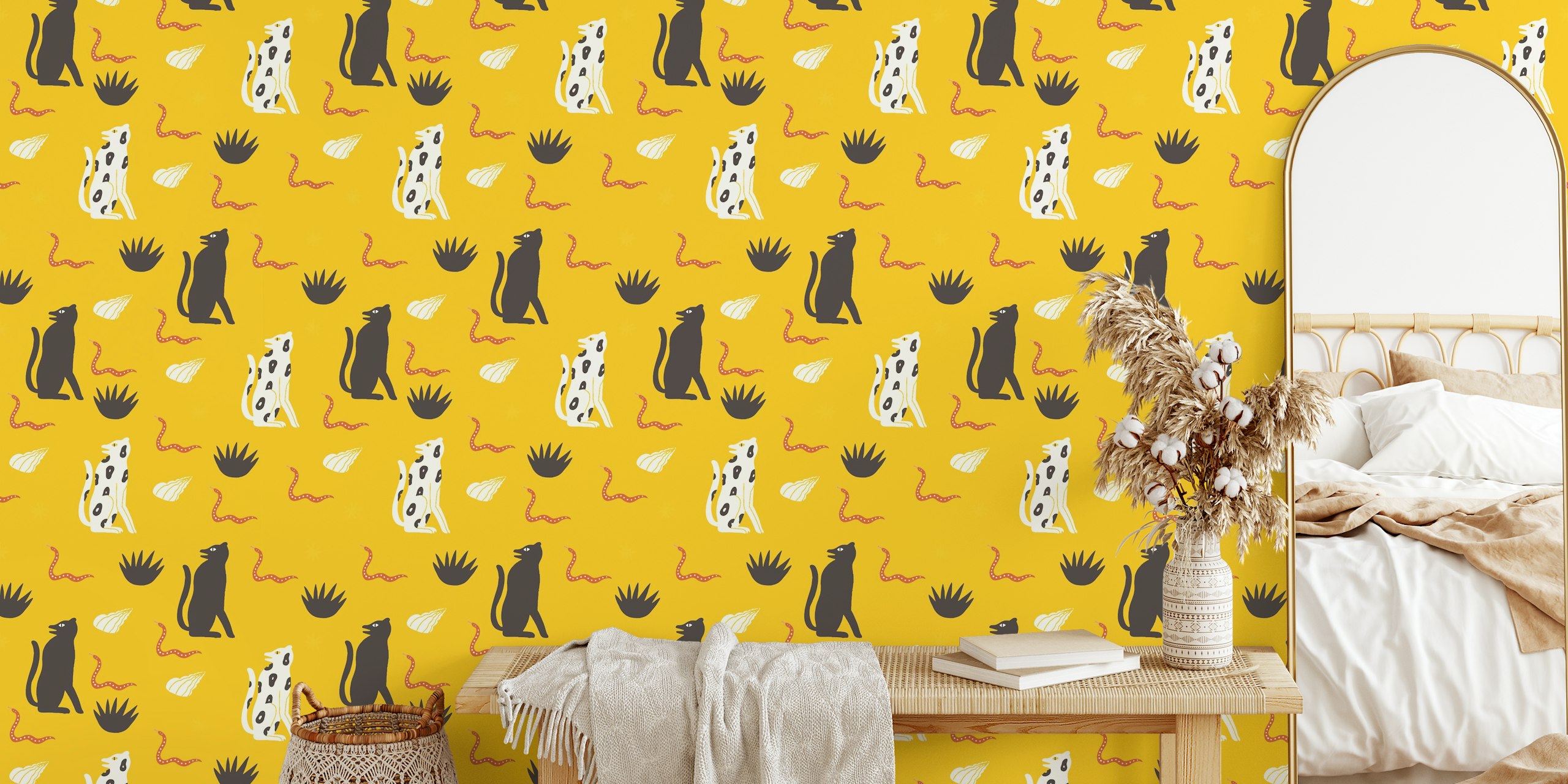 Yellow wallpaper with black and white cheetahs, plants, shells, and snakes in a playful design