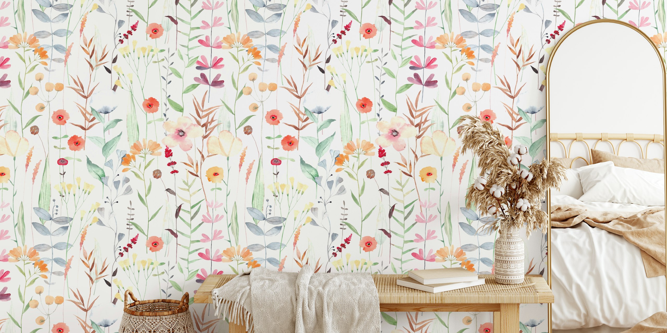 Colorful watercolor flowers in soft hues on white wallpaper