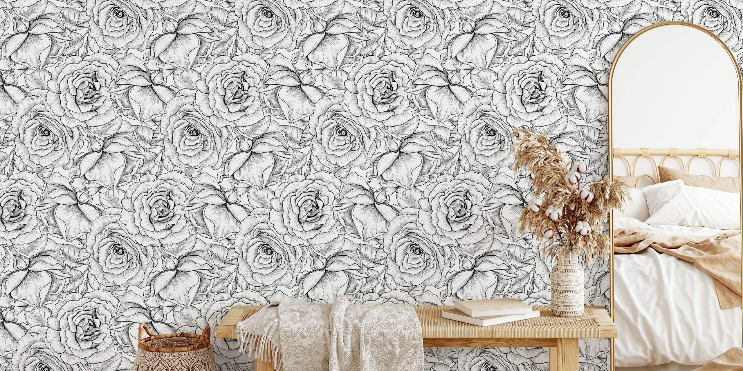 Black and white floral rose pattern wallpaper