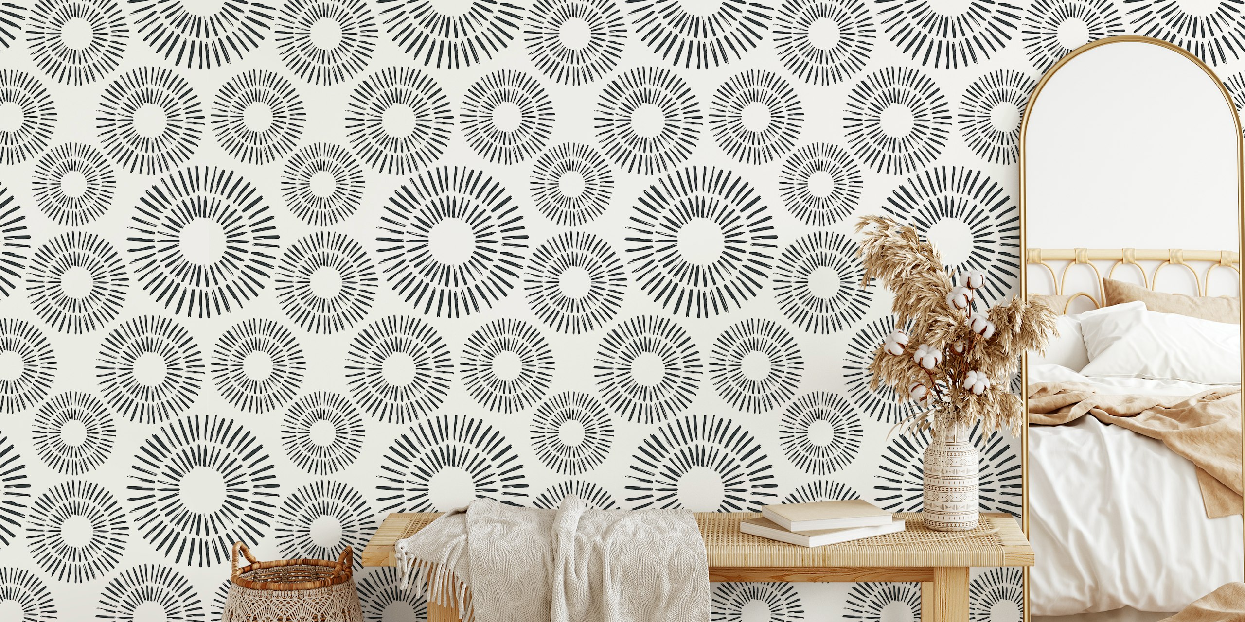 Black and white sun pattern wallpaper with circular designs and rays