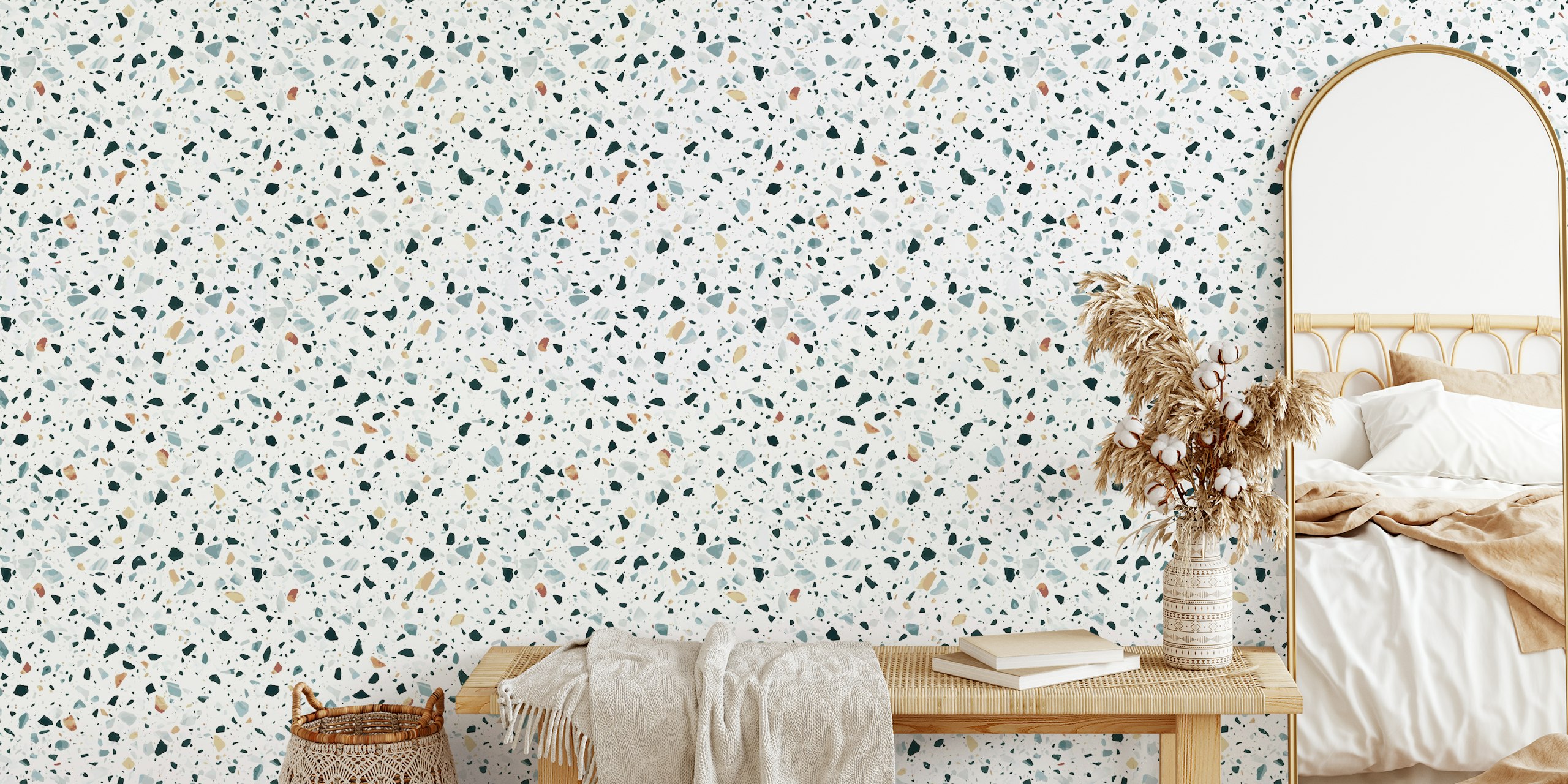 Papel pintado estilo terrazo italiano con un colorido diseño moteado