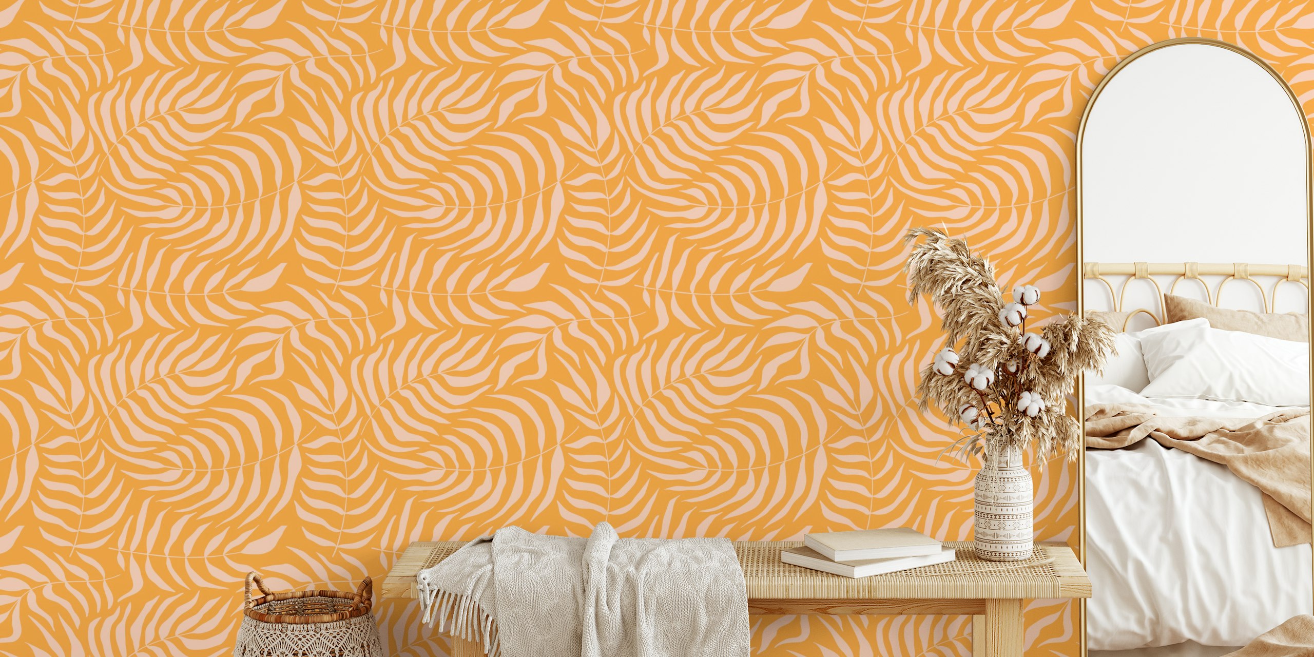 Groovy palm leaves wallpaper in a room