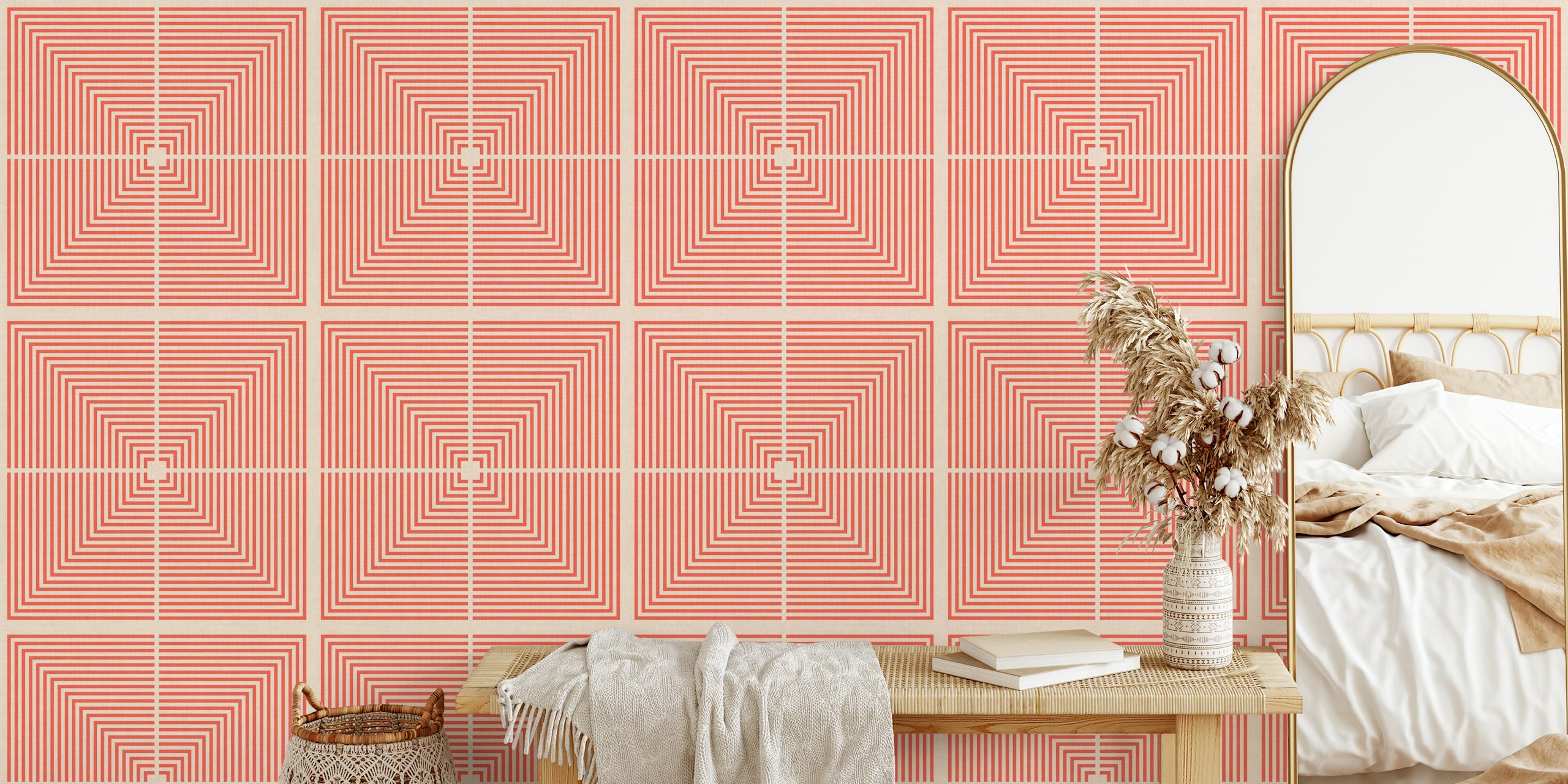 Geometric pattern in coral and cream wallpaper