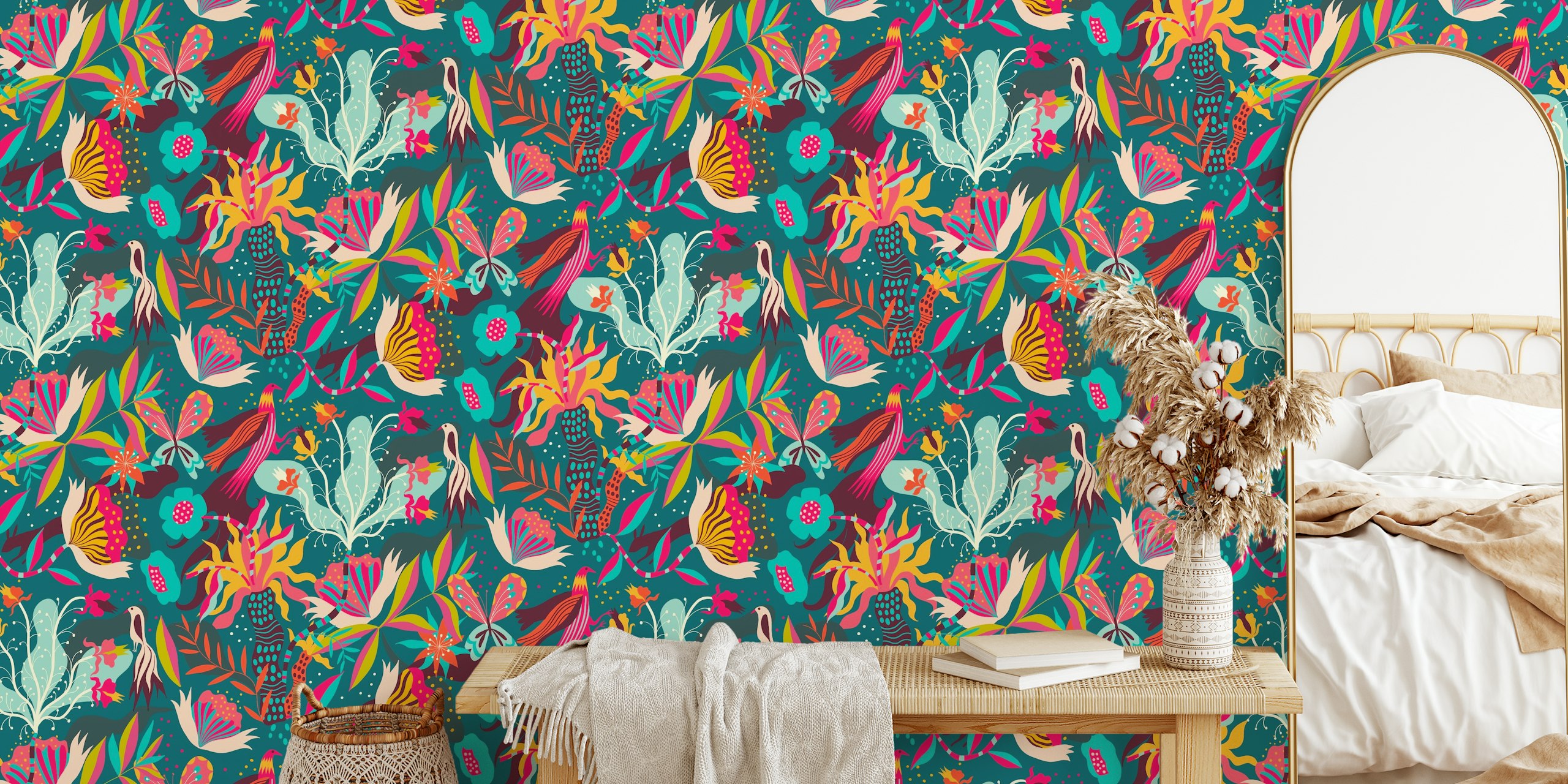 fantastic jungle teal papel de parede em um quarto