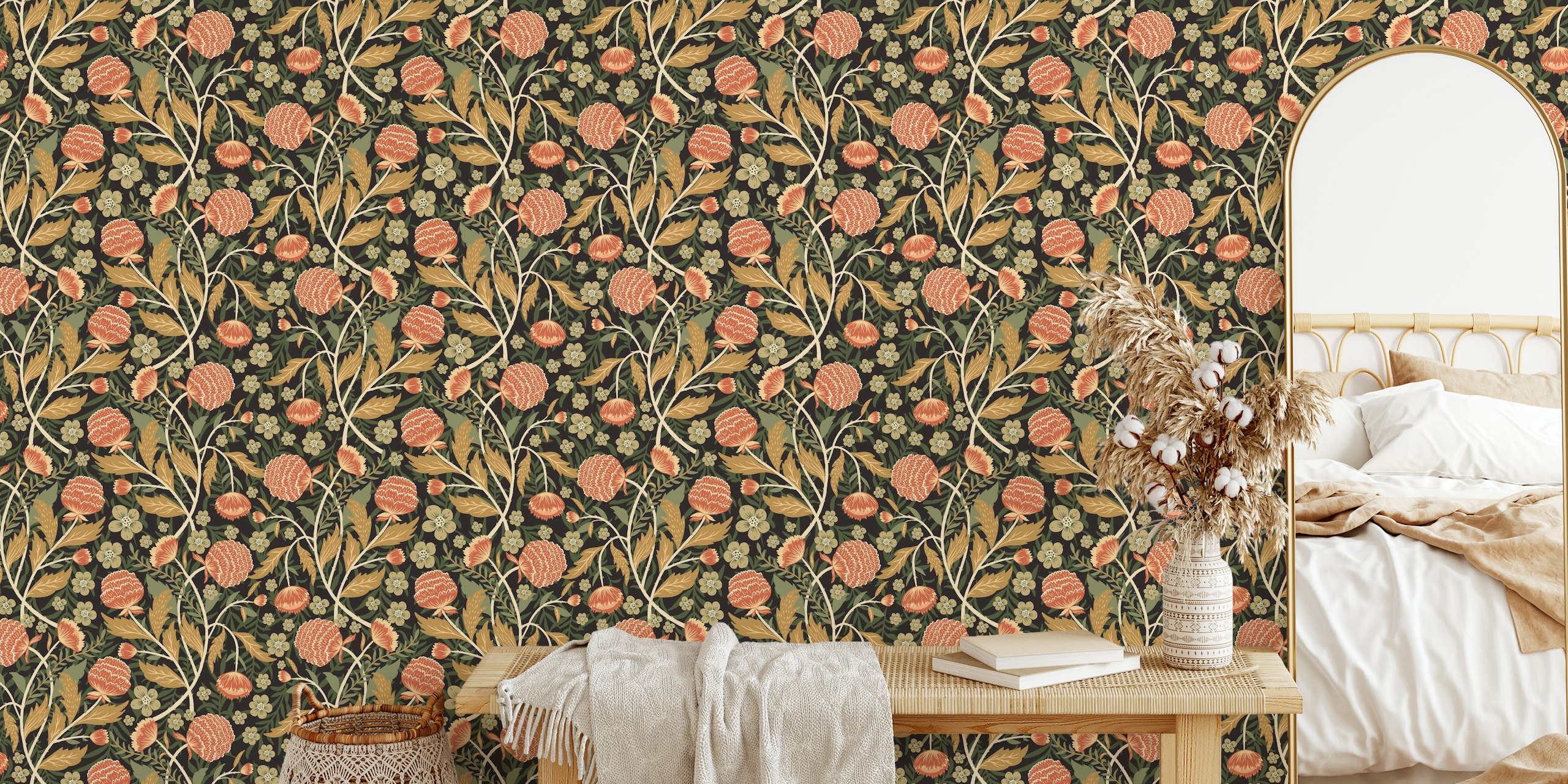 Classic William Garden floral pattern wall mural with green foliage and pink flowers.