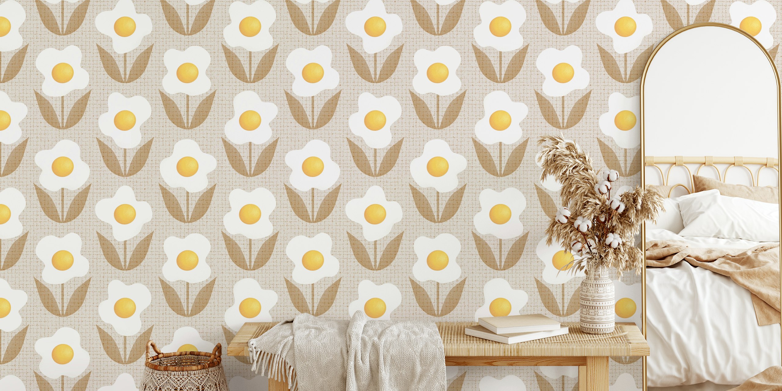 Playful fried egg flowers with a retro twist wall mural