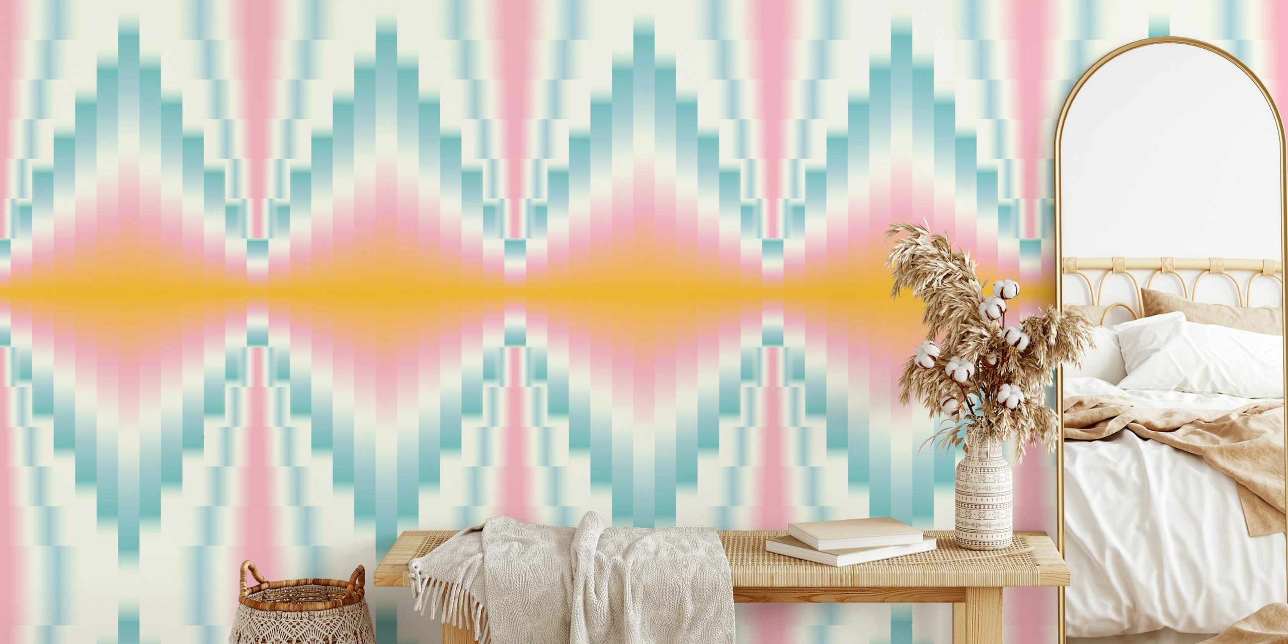 Padrão abstrato de diamantes desfocados em laranja, rosa e branco para um mural de parede