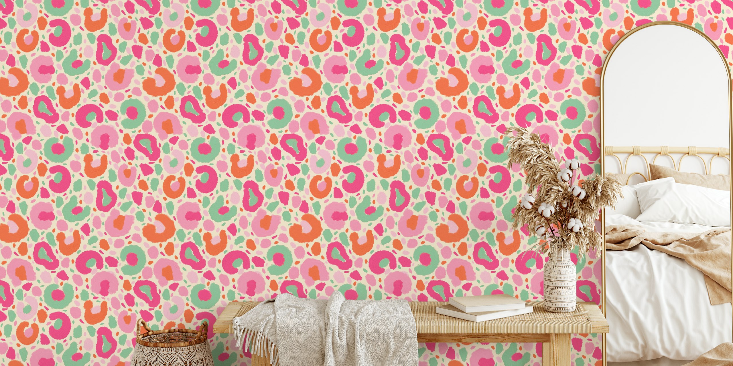 Colorful pink and green leopard print wallpaper