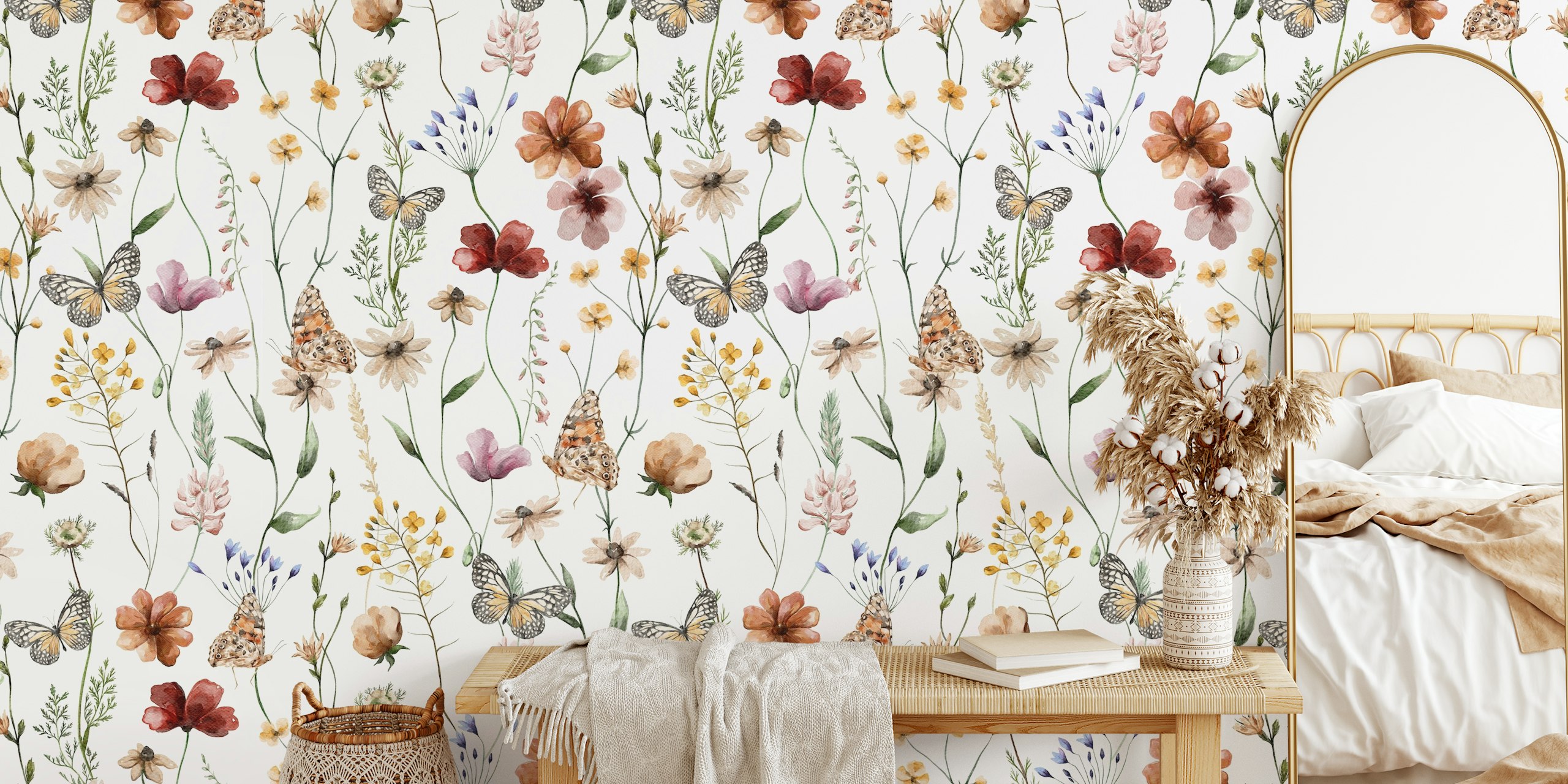 Floral wildflowers in pastel colors with butterflies wallpaper