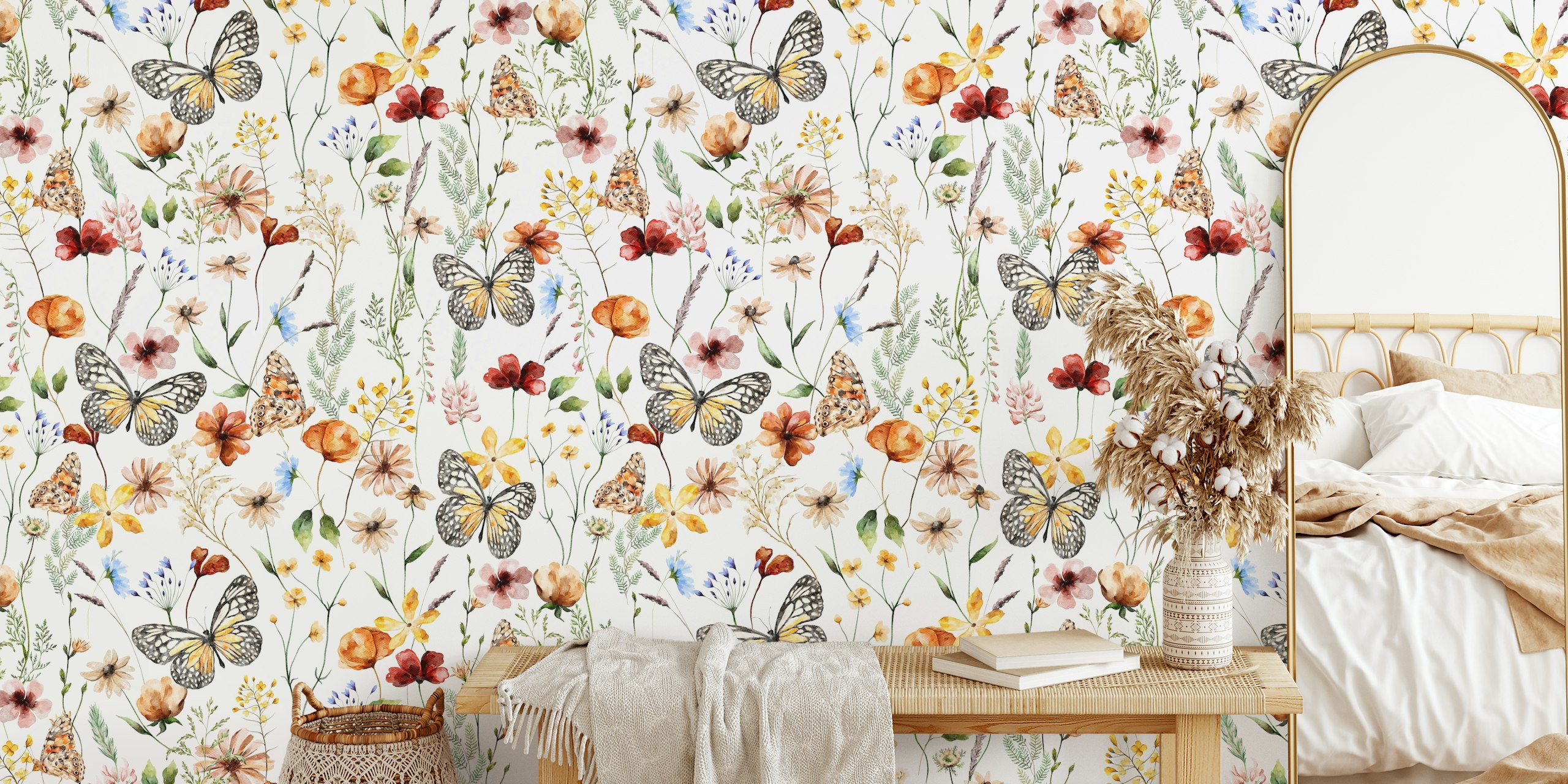 Dried wildflowers and butterflies wall mural design