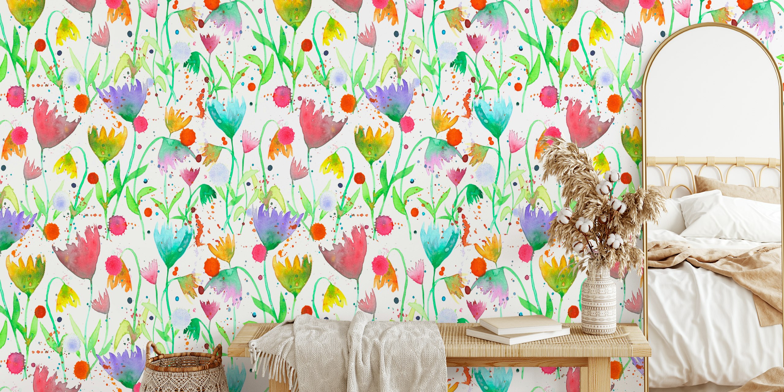 Colorful watercolor flowers wall mural for home decor