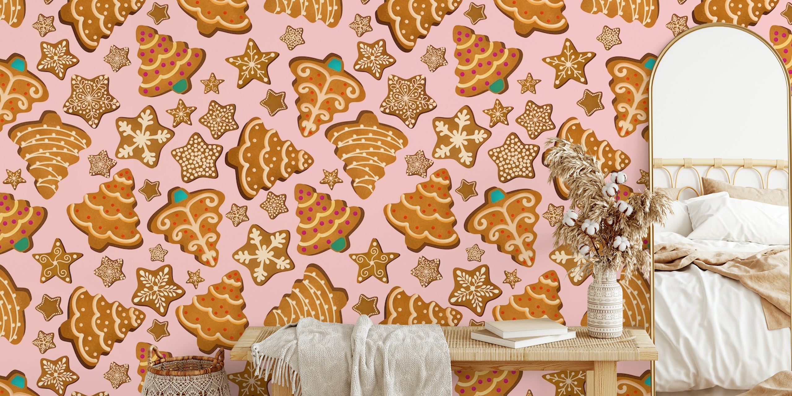 Gingerbread cookies and trees on pink background wallpaper