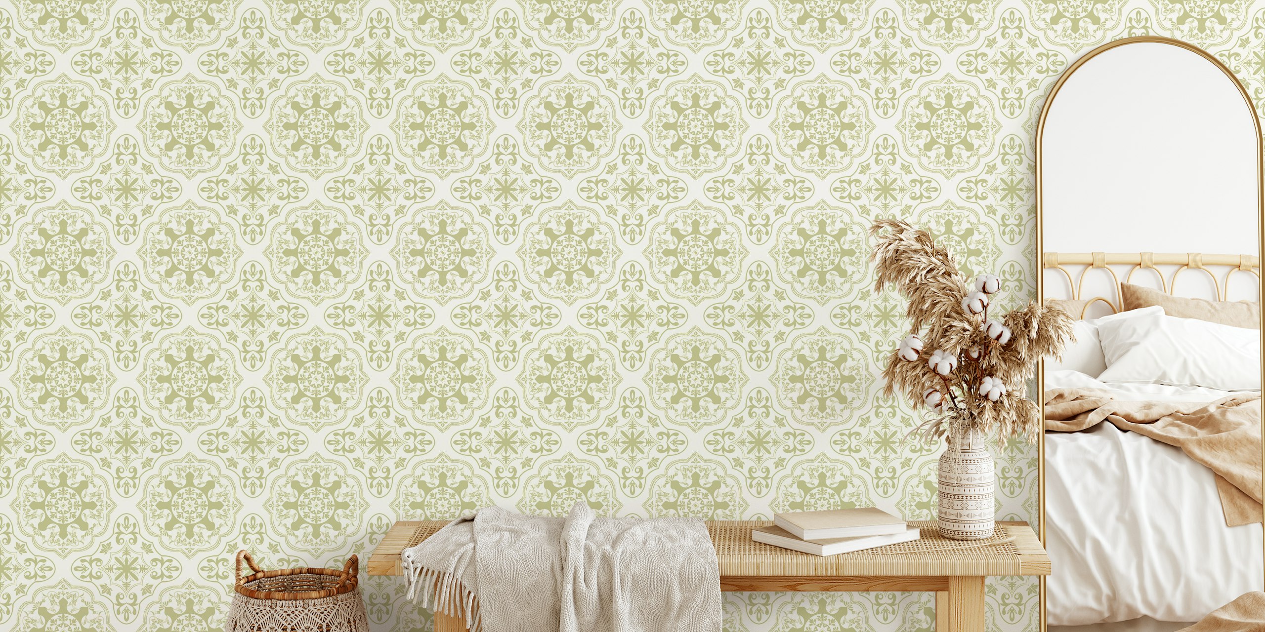 Green medallion patterns on cream background wallpaper