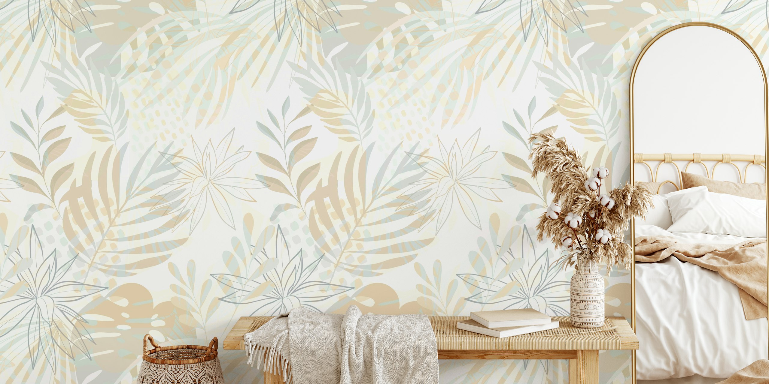 Soft green tropical floral wallpaper with leaf patterns