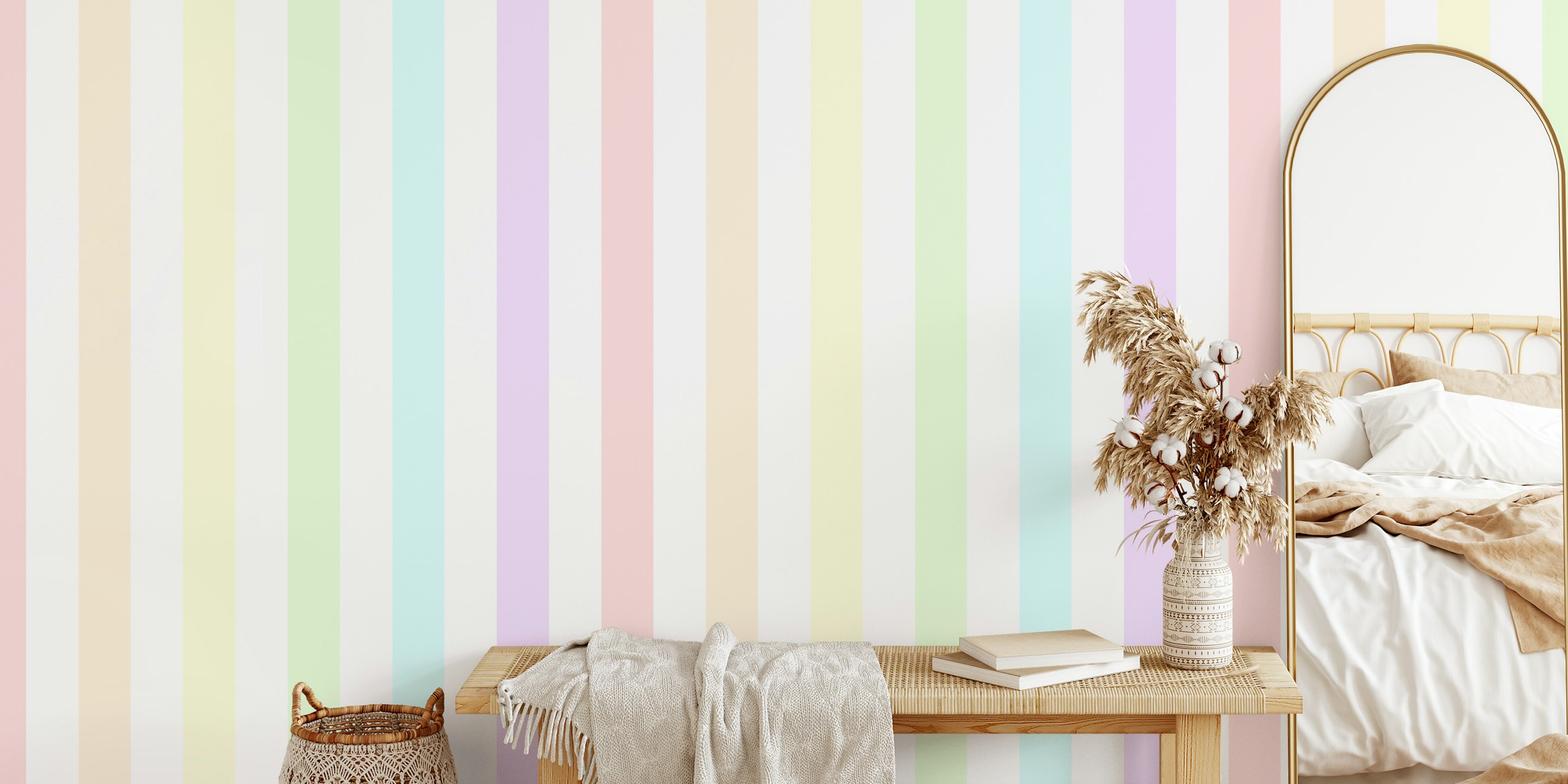 Pastel rainbow stripes in soft pink, yellow, green, blue, and lavender colors wallpaper
