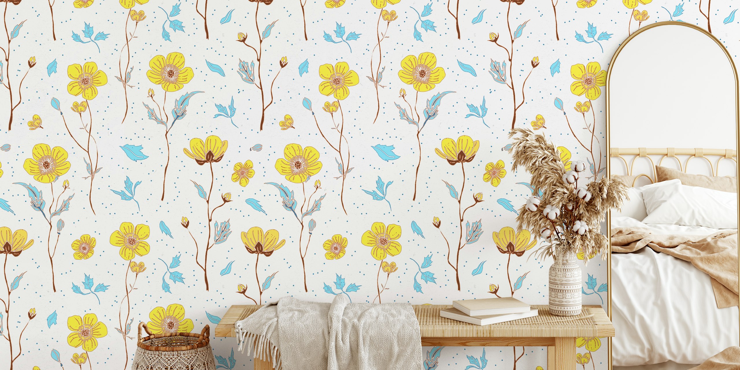 Yellow flowers and blue leaves on a light background wallpaper