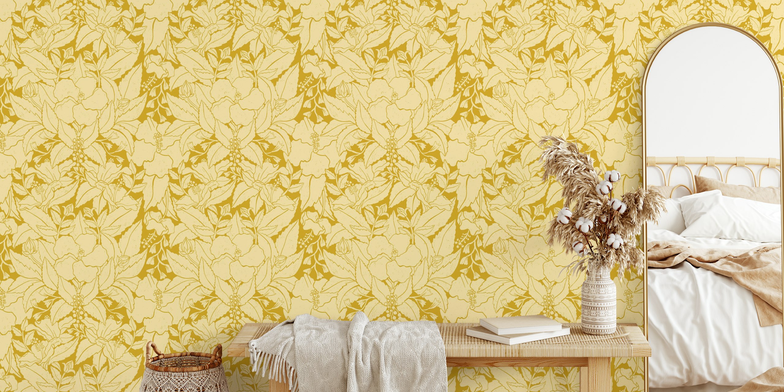 Yellow hibiscus floral damask pattern wall mural