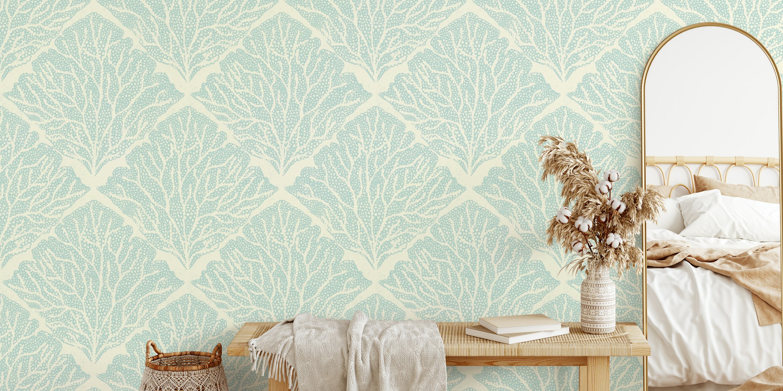 Tide Water Coral wallpaper displayed in a room