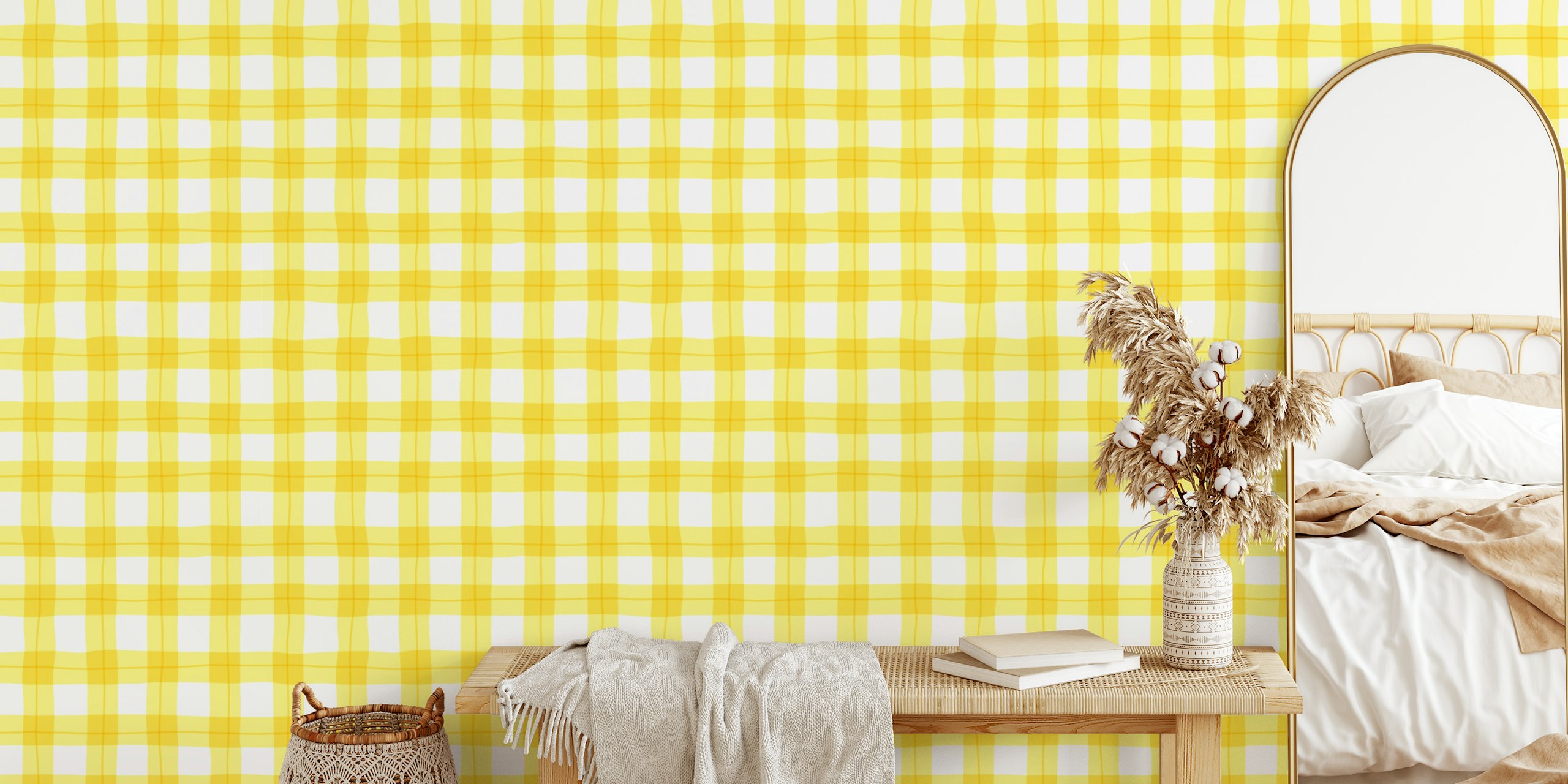 Yellow and white gingham pattern wallpaper