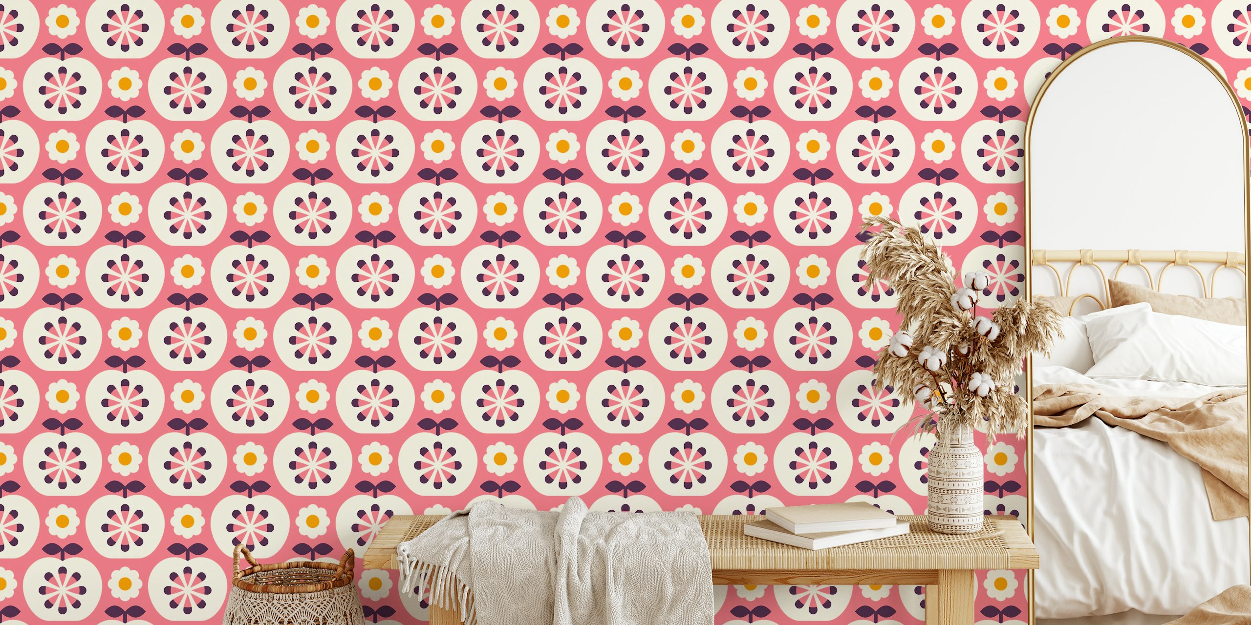 Retro pink wallpaper featuring stylized apples and flowers