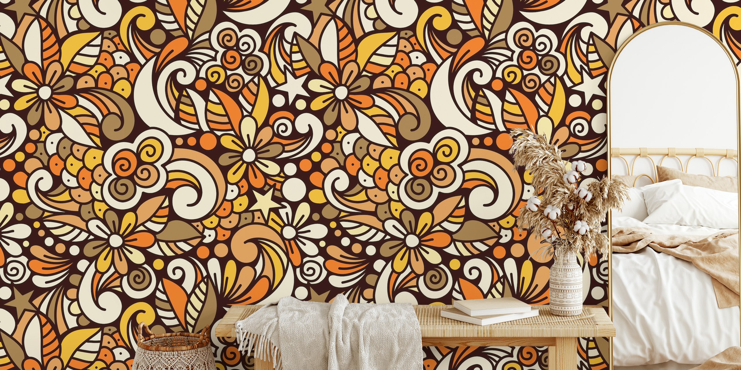 Retro floral pattern in yellow and brown colors wallpaper