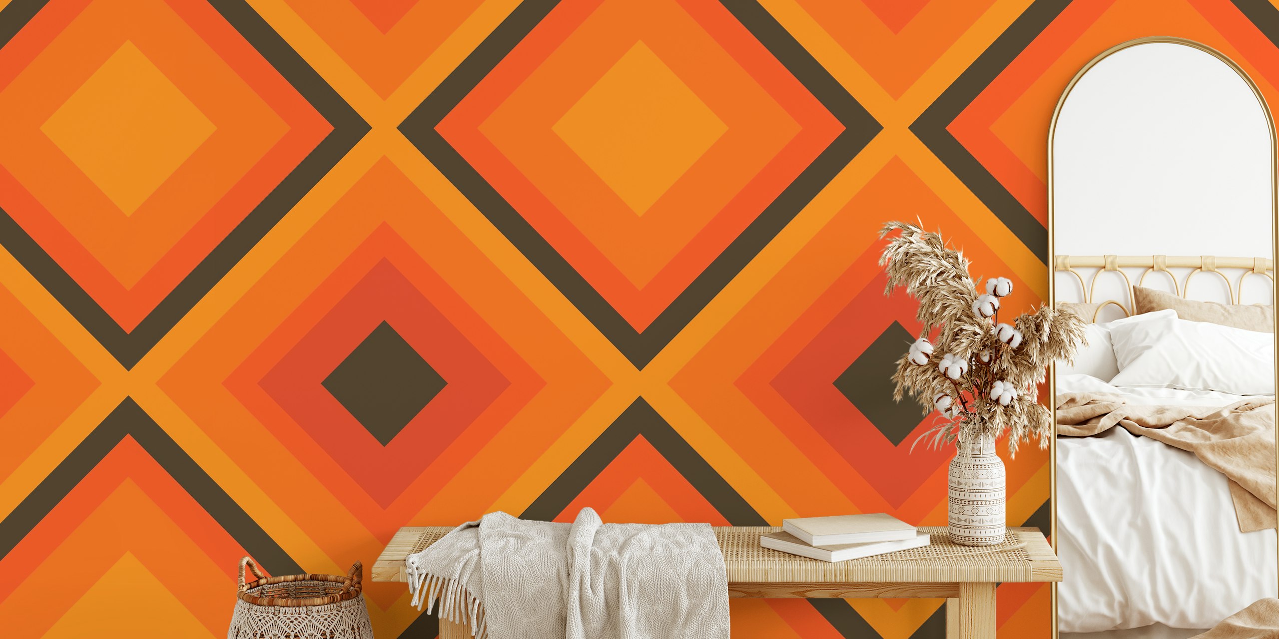 Abstract diamond geometrical wallpaper in een kamer