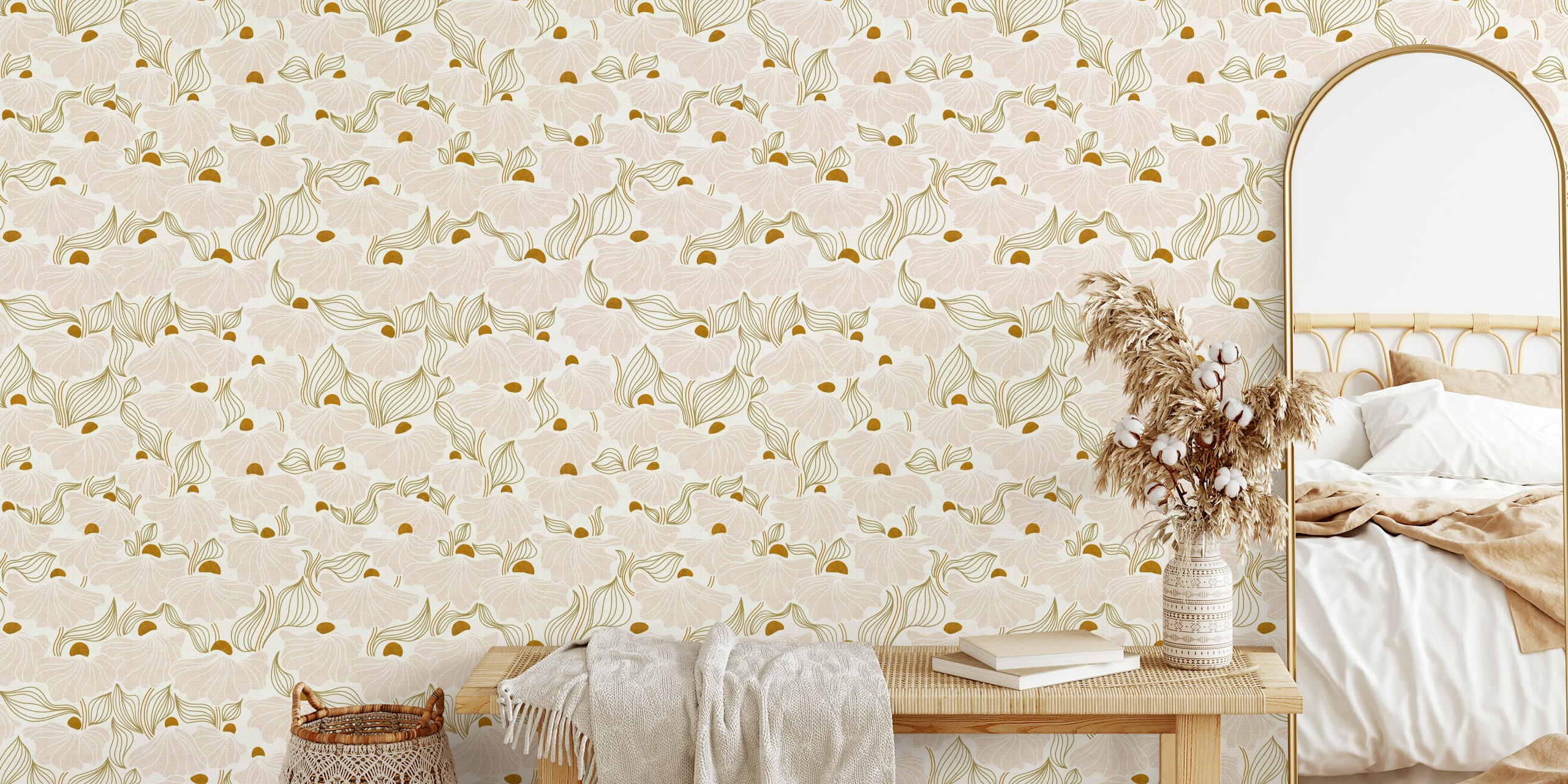Soft cream floral patterns with leaves and brown accents wallpaper