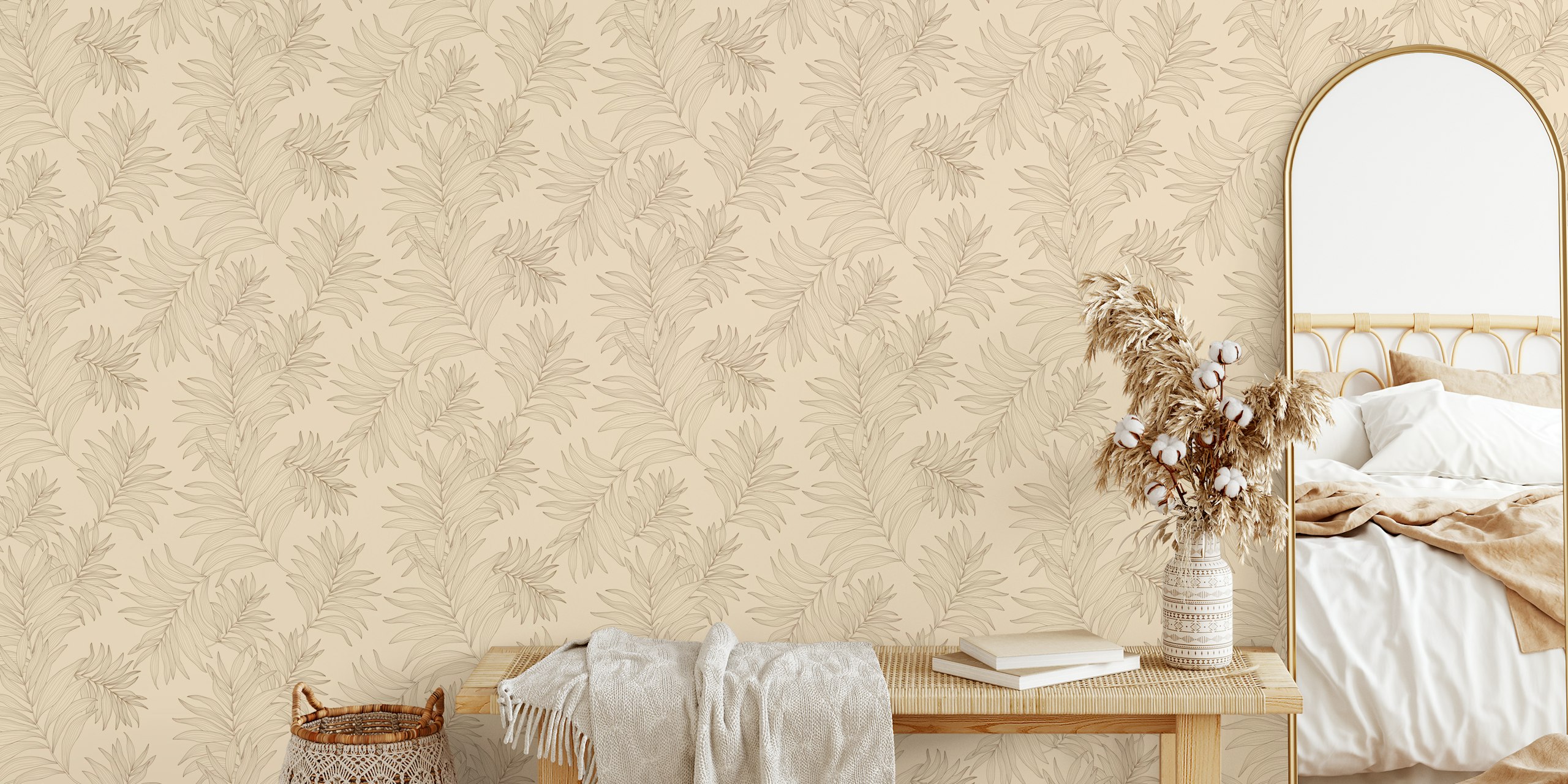 Cream leaves pattern on soft beige background wallpaper