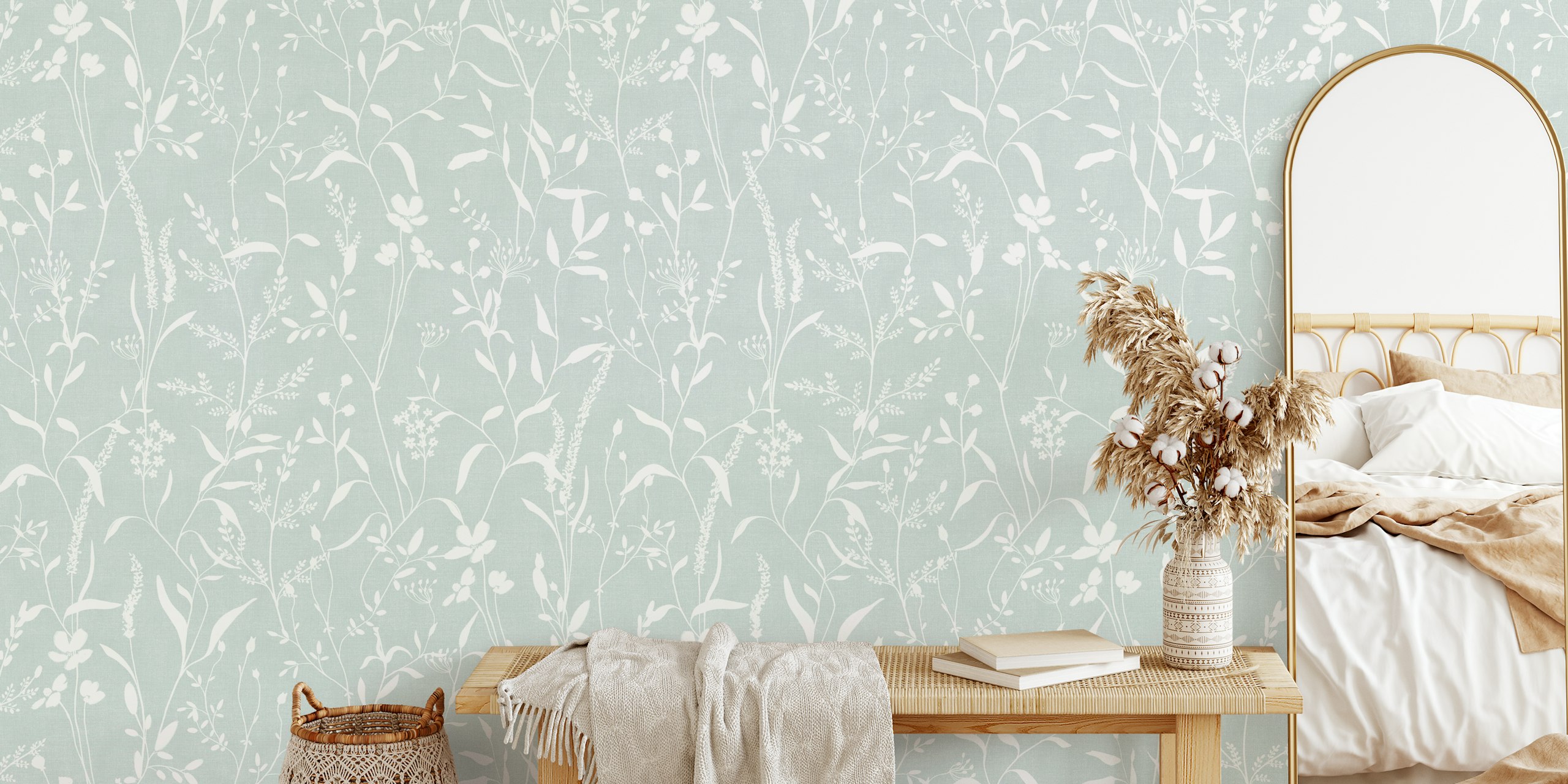 Salviavihreät kasvitieteelliset kuvitukset valkoisella taustalla seinämaalauksella