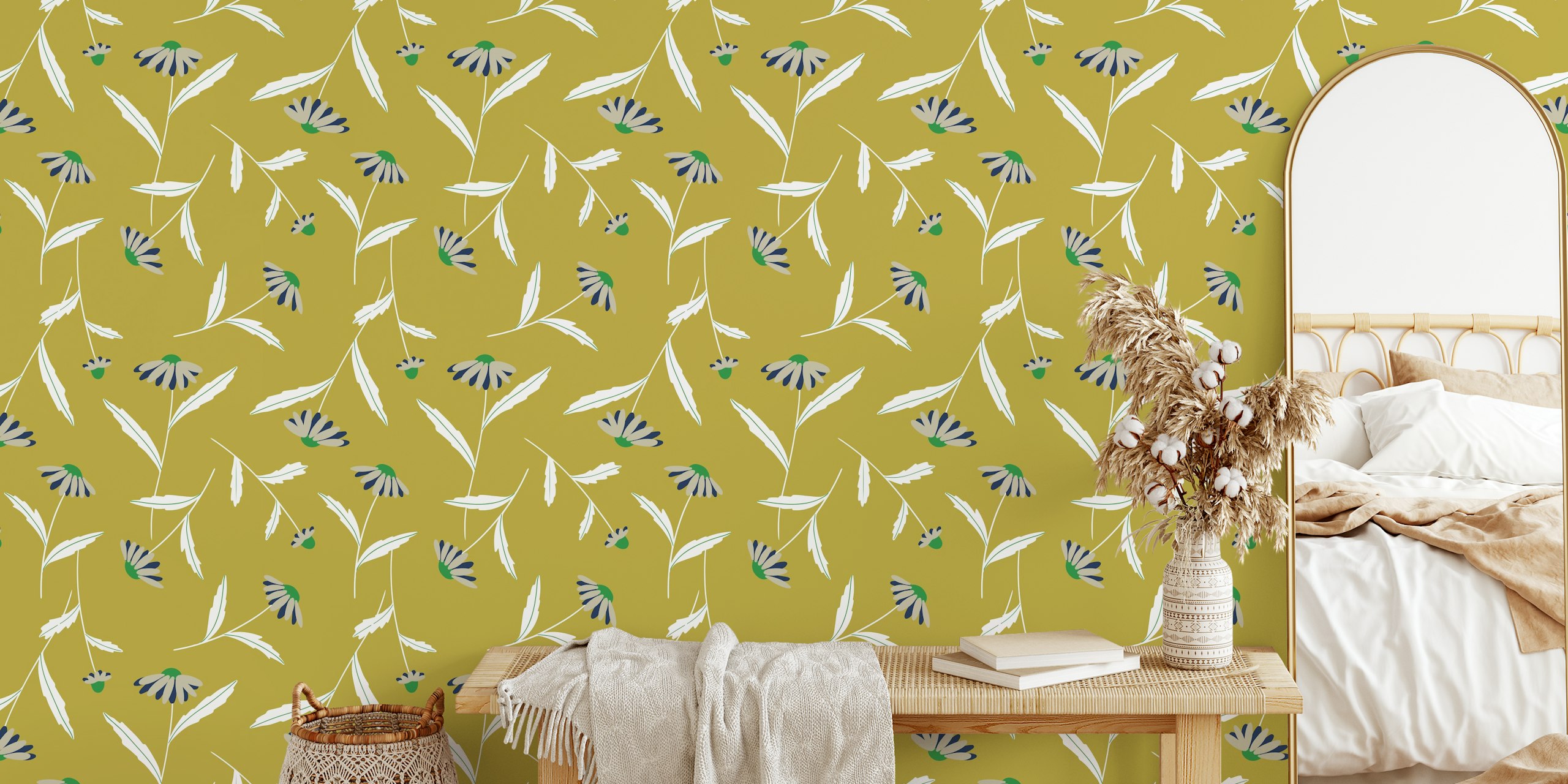Carolina Mustard wall mural with white botanical patterns on a mustard yellow background