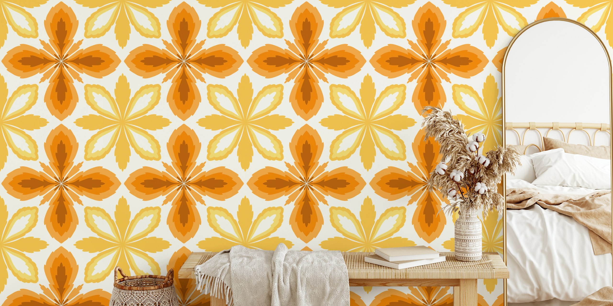 Ornate yellow and orange tile wallpaper in a room