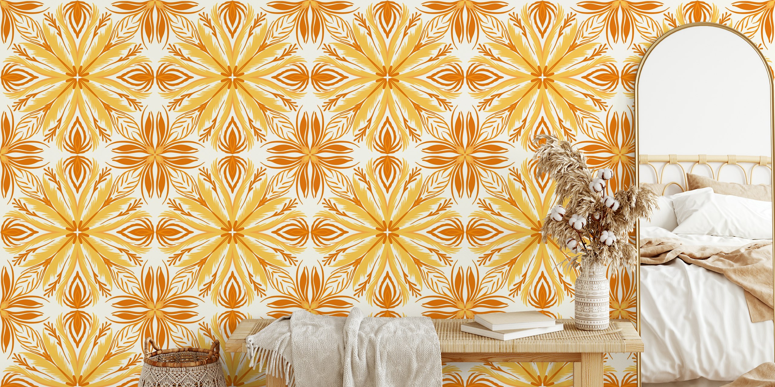 Floral ornate pattern in yellow and orange wallpaper