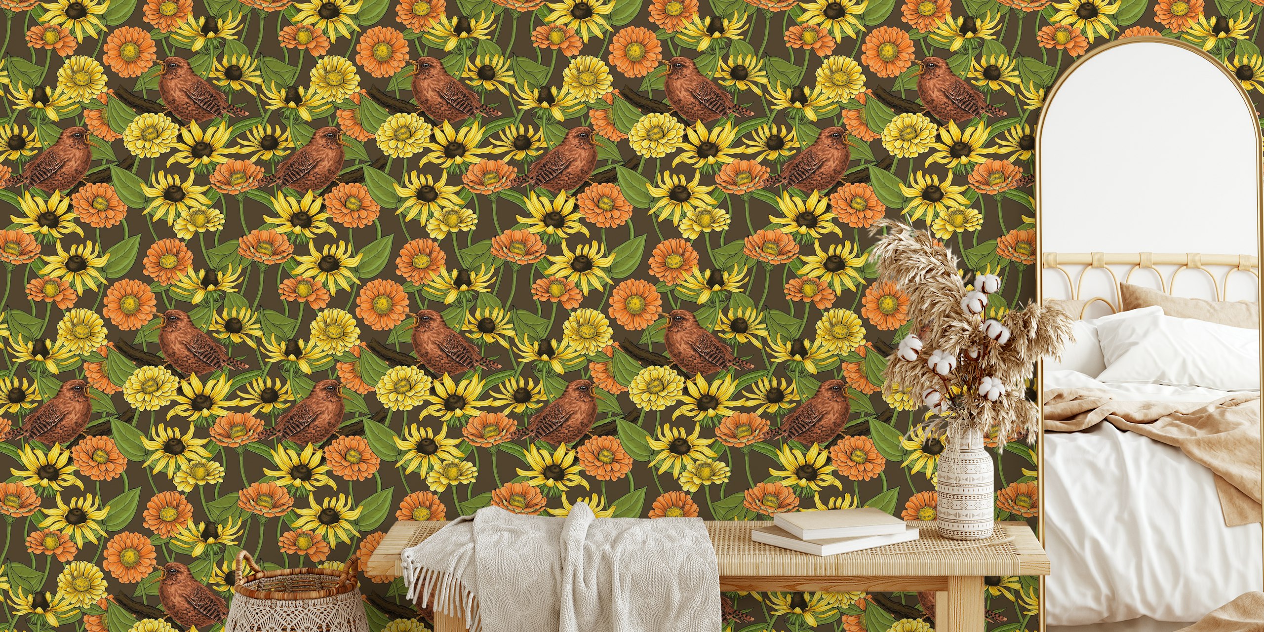 Wrens and flowers wallpaper decor