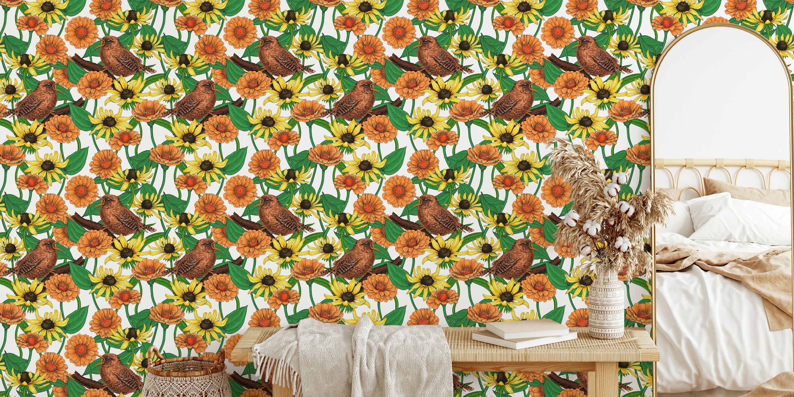 Brown wrens and vibrant orange and yellow flowers wallpaper