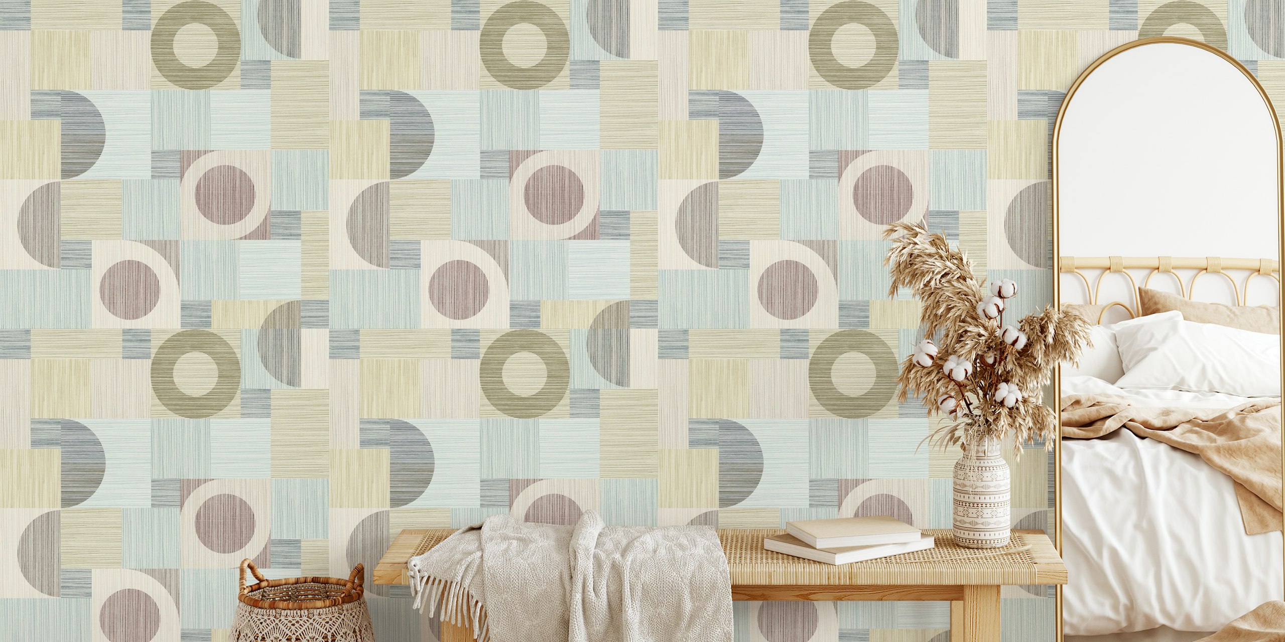 Fototapeta Geo-Stripes s béžovými a šedými geometrickými pruhy a kruhy