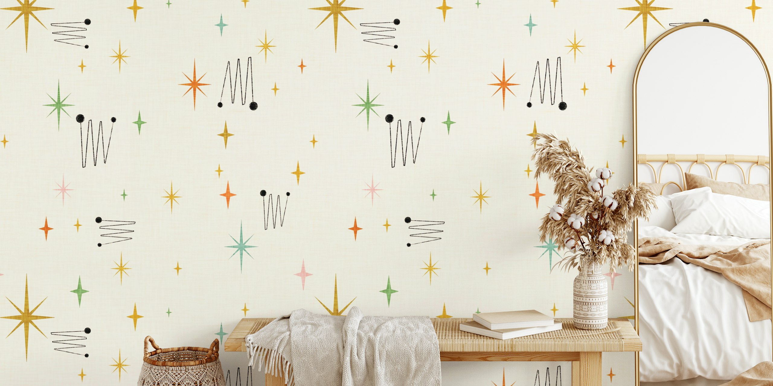 Colorful starburst patterns in pink, green, orange, and black wallpaper