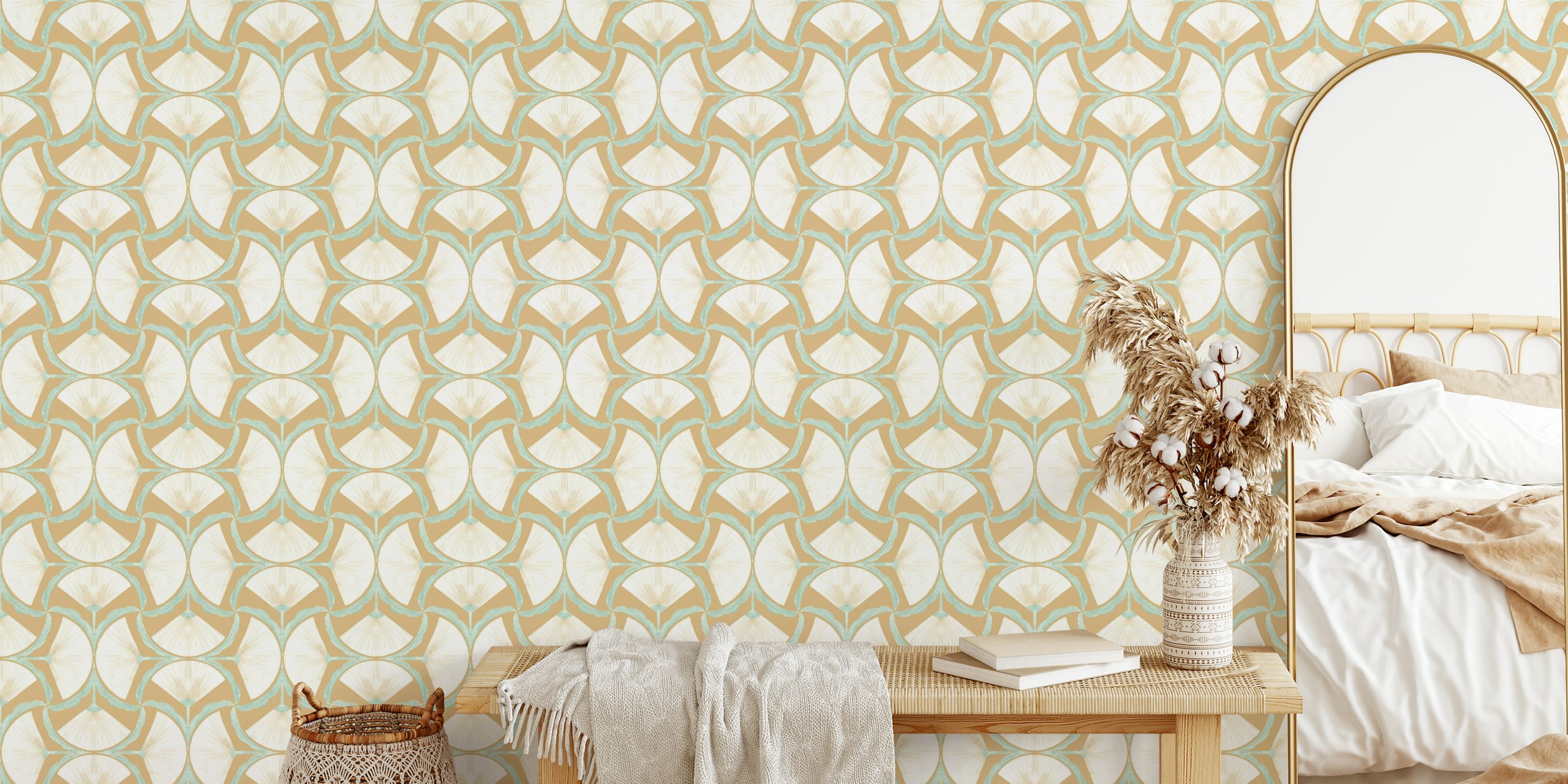 Beige floral patterned wallpaper with mint green accents.