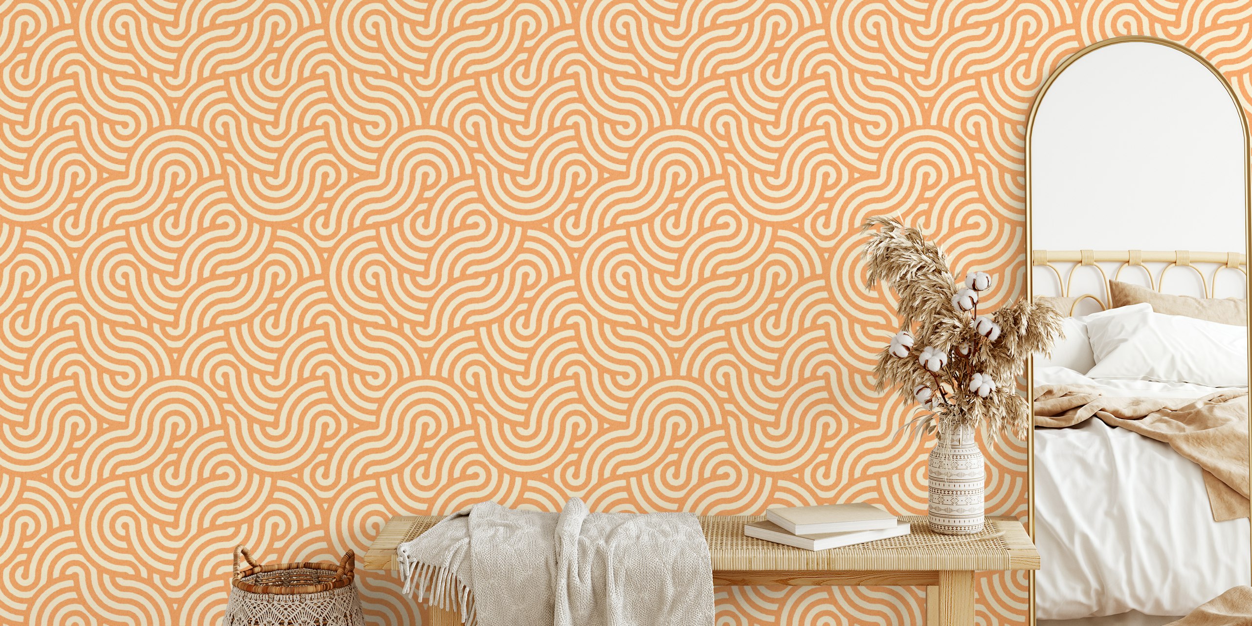 Mural Abstracto Swirl De Galleta Y Avena Con Líneas Rizadas En Cálido Color Avena