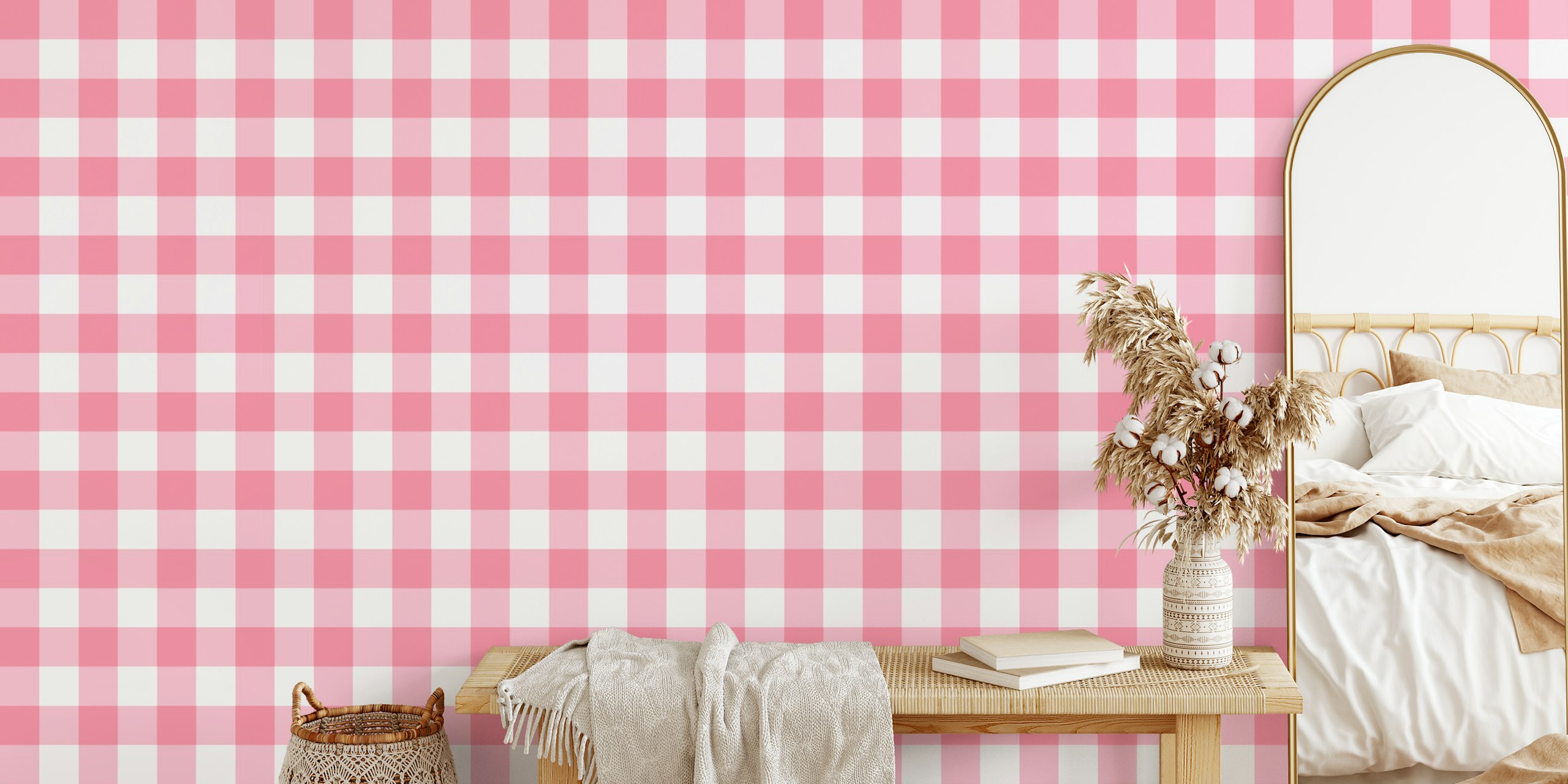 Pink and white checked pattern wallpaper
